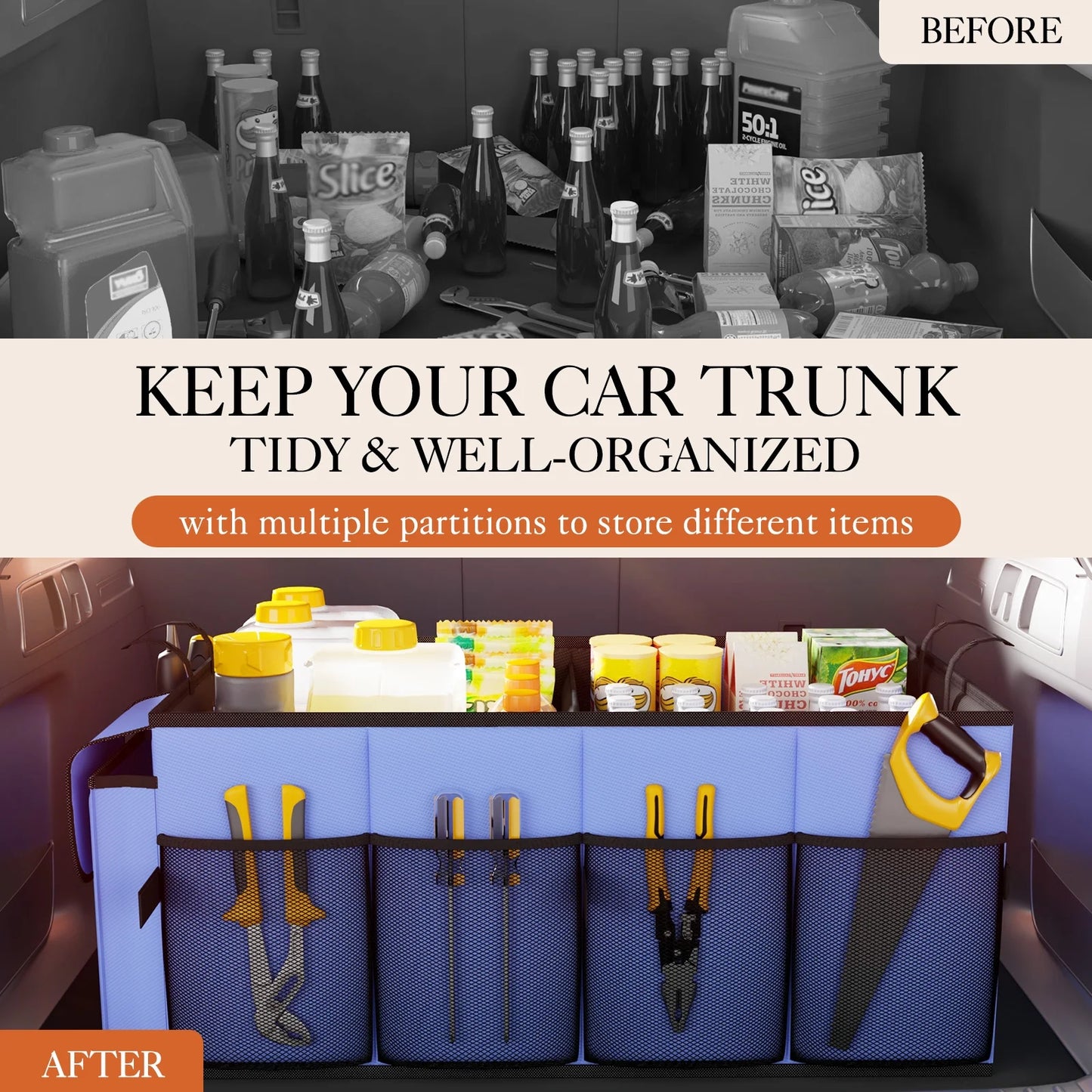 Trunk Organizer for SUV - 2 Compartments & 6 Pockets Trunk Organizer for Car, Car Organizers and Storage, Blue