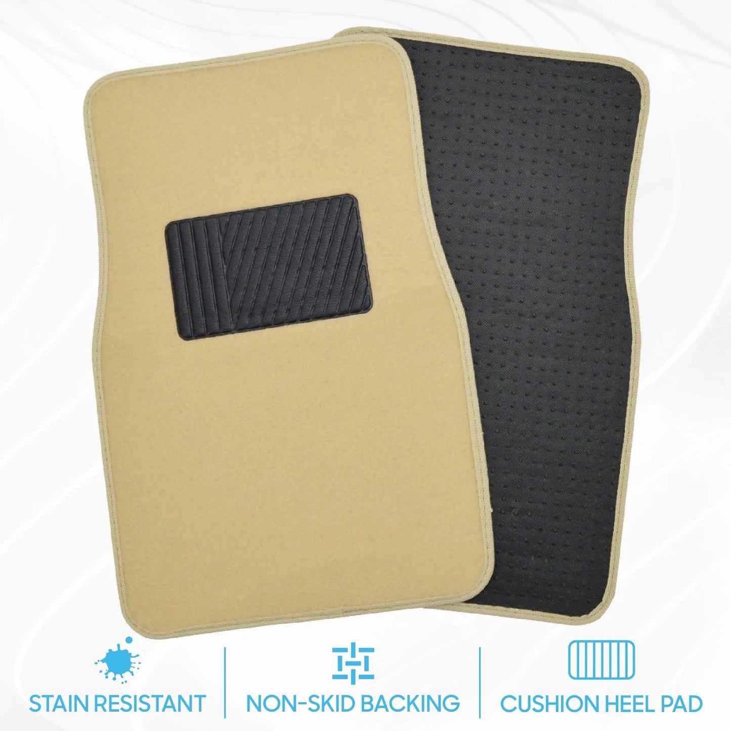 Premium 4PC Set of Carpet Car Floor Mats with Vinyl Safety Heel Pad for Car, Truck, SUV, Coupe Sedan, Light Beige (MT-100-LB) - Oliver Autosports