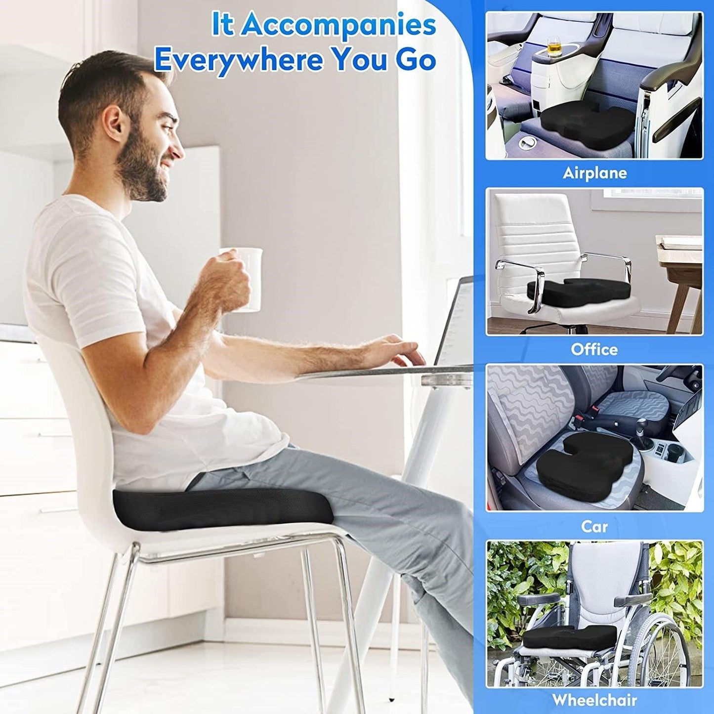Seat Cushion, Office Chair Cushions Butt Pillow for Car Long Sitting, Memory Foam Chair Pad for Back, Tailbone Pain Relief (Black) - Oliver Autosports