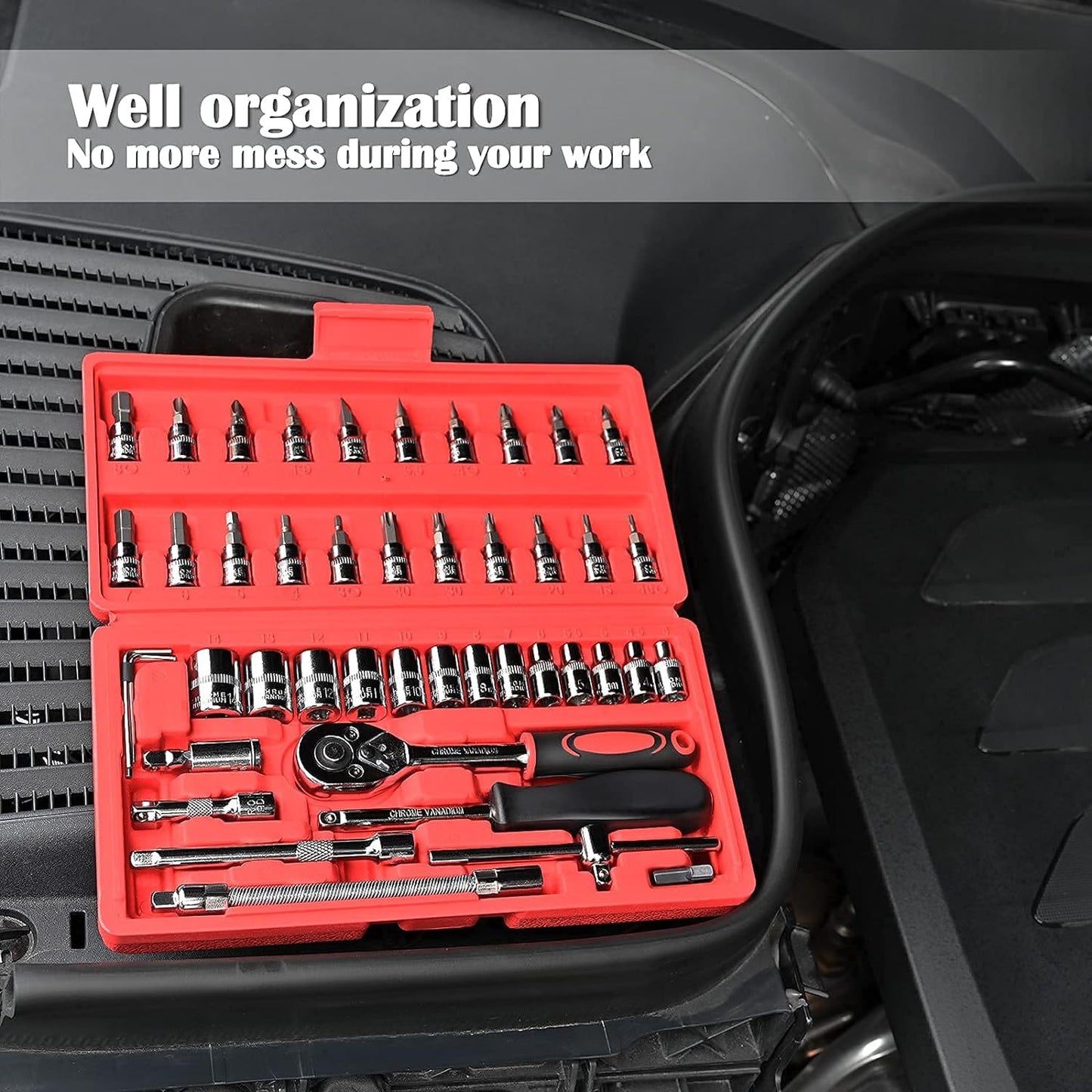 46 Pieces 1/4 Inch Drive Socket Ratchet Wrench Set, with Bit Socket Set Metric and Extension Bar for Auto Repairing and Household, with Storage Case