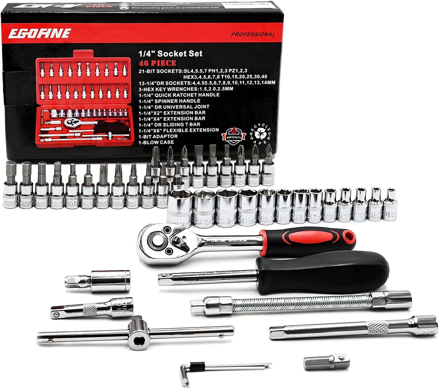 46 Pieces 1/4 Inch Drive Socket Ratchet Wrench Set, with Bit Socket Set Metric and Extension Bar for Auto Repairing and Household, with Storage Case