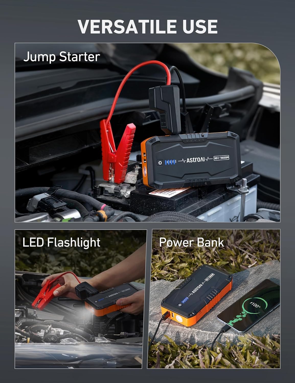 S8 Car Battery Jump Starter, 1500A Peak Car Jumper Starter Battery Pack for up to 6.0L Gas & 3.0L Diesel Engines, 12V Portable Jump Box with 3 Modes Flashlight and Jumper Cable (Orange)