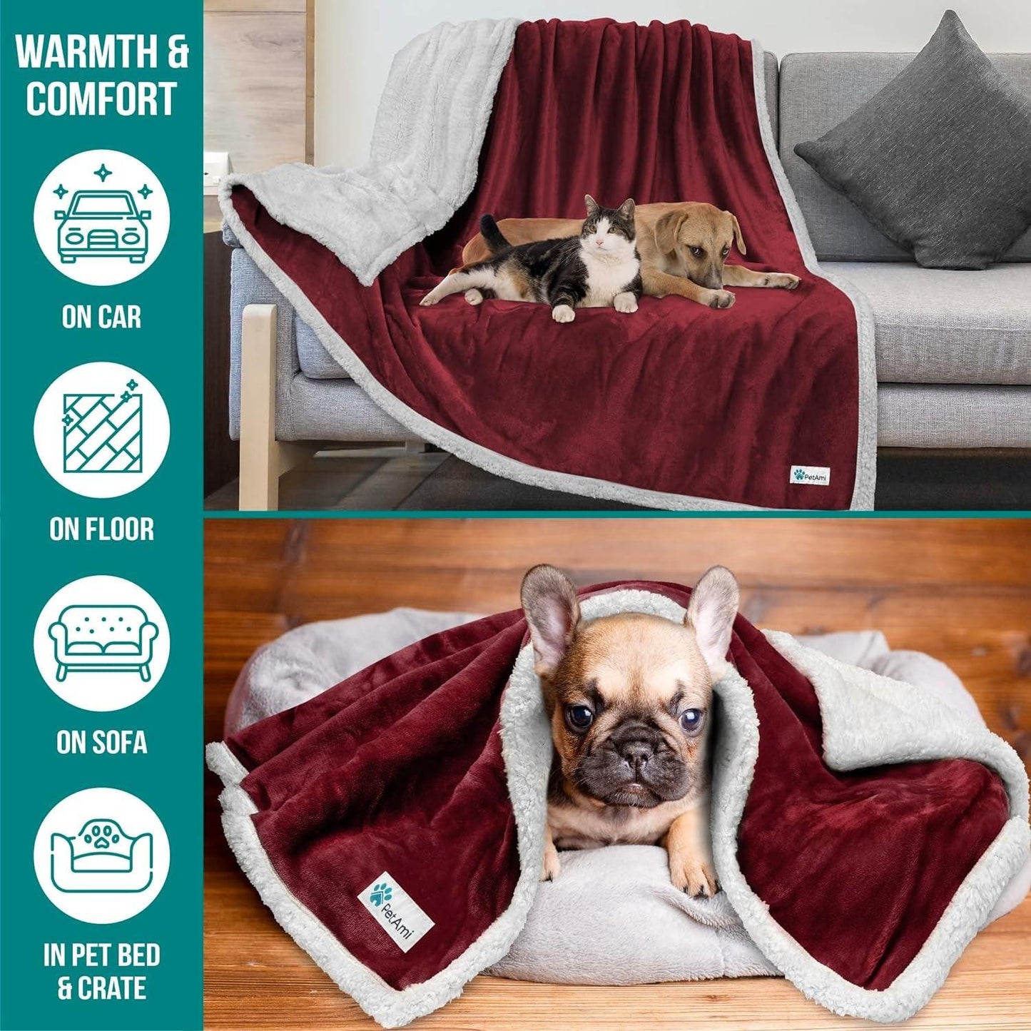 Dog Blanket for Small Medium Dogs, Pet Bed Blanket Cat Puppy Kitten, Fleece Furniture Couch Cover Protector Sofa Car, Soft Sherpa Dog Throw Plush Reversible Washable, Mini 29X40 Maroon Red - Oliver Autosports