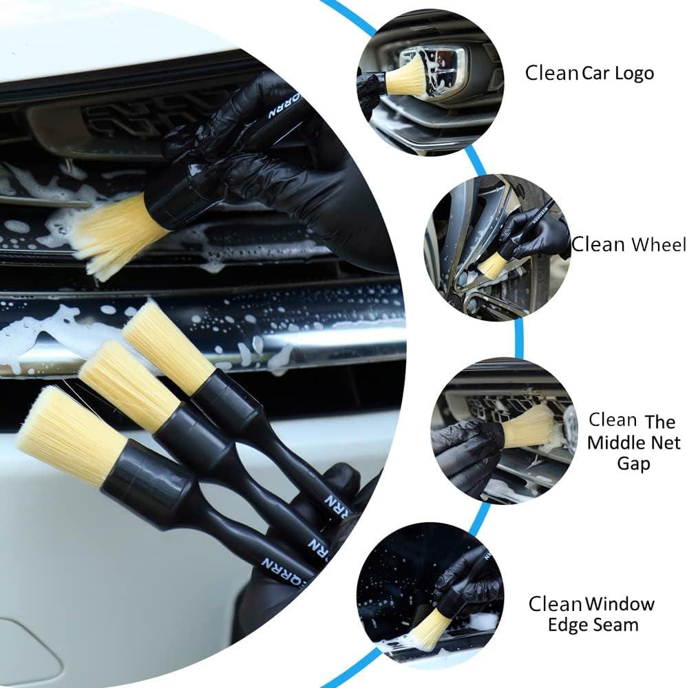 Boars Hair Ultra Soft Detailing Brushes Set, 4 Pcs Premium Natural Boars Bristles, 1 Pcs Duster Detail Brush for Cleaning Car Interior Dashboard Leather Seat - Oliver Autosports