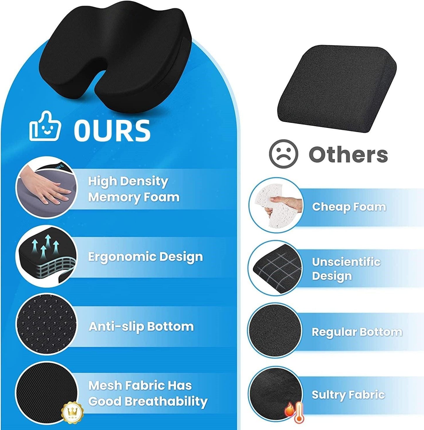 Seat Cushion, Office Chair Cushions Butt Pillow for Car Long Sitting, Memory Foam Chair Pad for Back, Tailbone Pain Relief (Black) - Oliver Autosports
