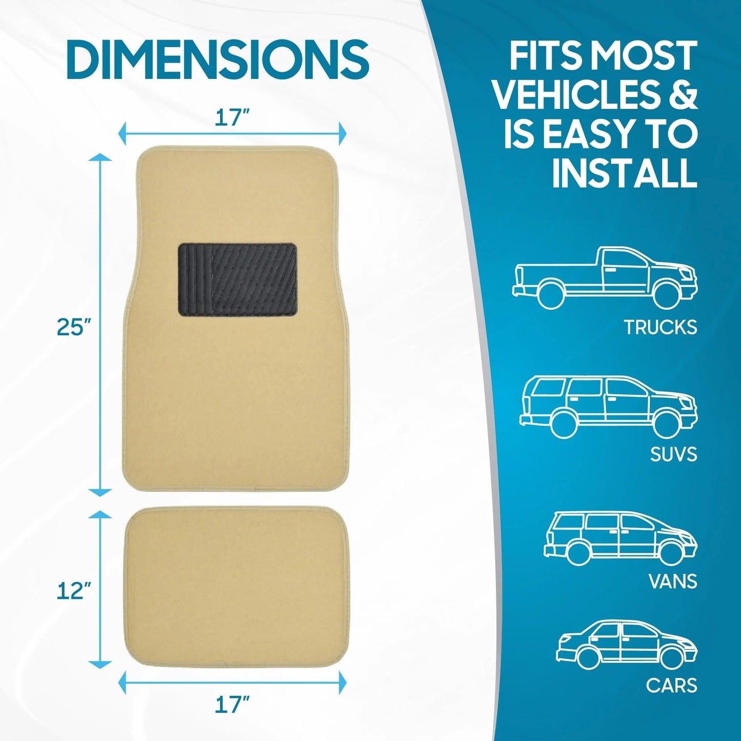 Premium 4PC Set of Carpet Car Floor Mats with Vinyl Safety Heel Pad for Car, Truck, SUV, Coupe Sedan, Light Beige (MT-100-LB) - Oliver Autosports