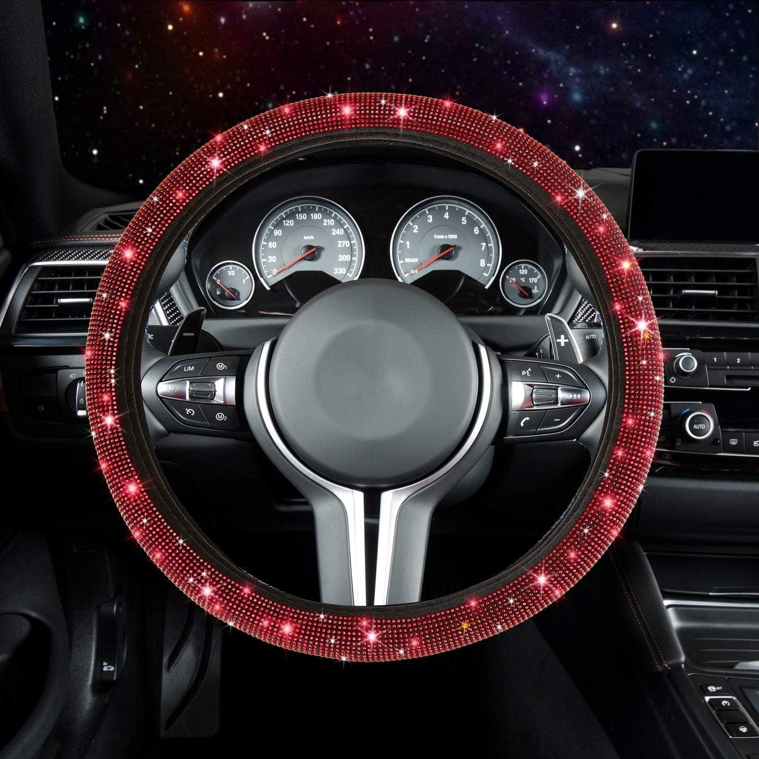 Red Bling Car Accessories Set for Women, Bling Steering Wheel Cover for Women Universal Fit 15 Inch, Rhinestone Center Console Cover, Bling Gear Shift Cover, Crystal Car Decor Set 3Pc - Oliver Autosports