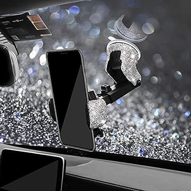 Bling Car Phone Mount Holder,Shiny Crystal Rhinestone Phone Stand for Women and Girls, Car Accessories for Windshield Dashboard,Compatible with Most Cellphones (White) - Oliver Autosports