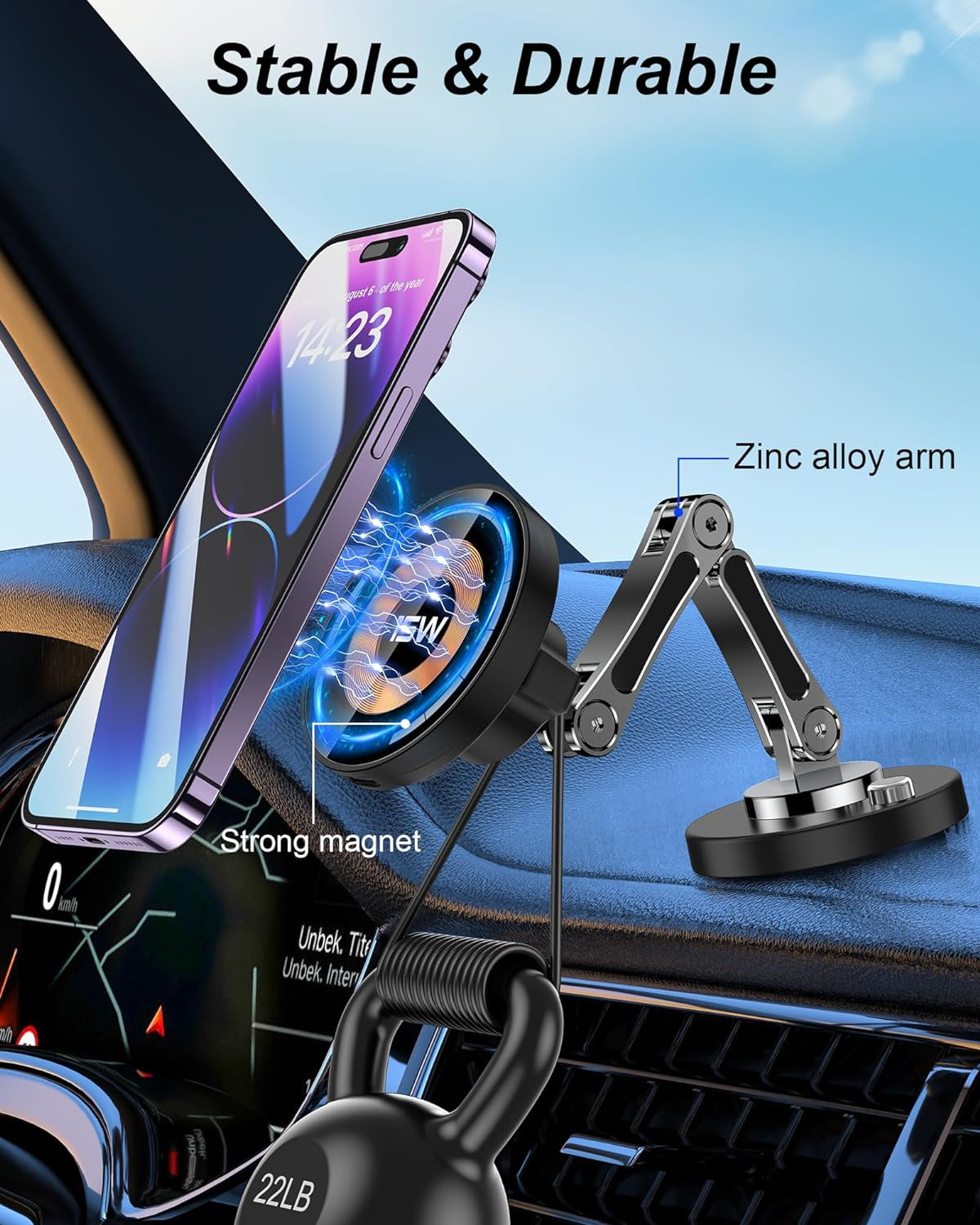 Magnetic Car Mount Charger for Mag-Safe, 15W Wireless Fast Charger Phone Holder for Car with Adhesive, 360° Rotatable Zinc Alloy Handsfree Phone Stand - Oliver Autosports