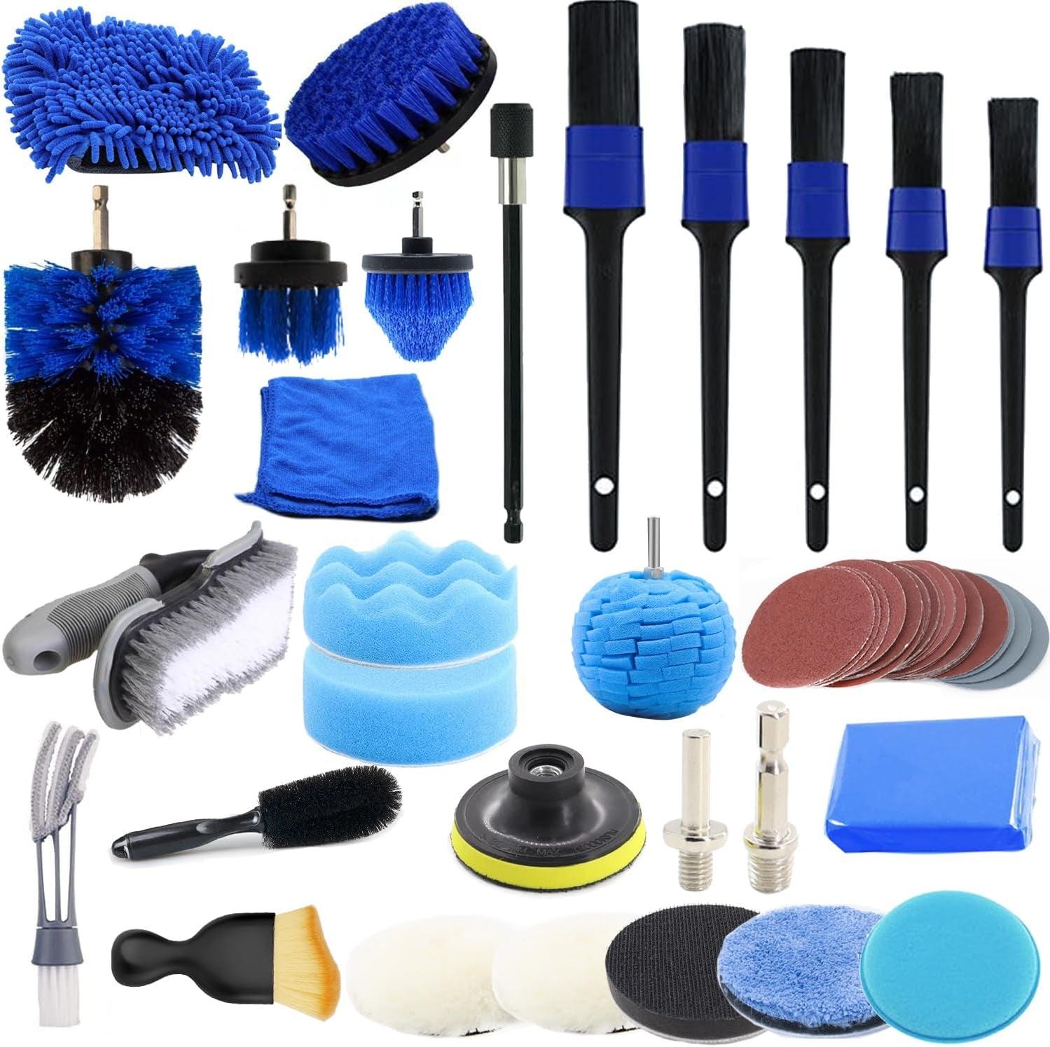 58PS Car Detailing Kit with 3Inch Sanding Disc,Car Detailing Brushes,Car Drill Polishing Kit,Wool Sponge Drill Buffing Pad,Car Drill Buffer Wax Attachment,Car Cleaning Kit for Interior,Exterior,Wheels - Oliver Autosports