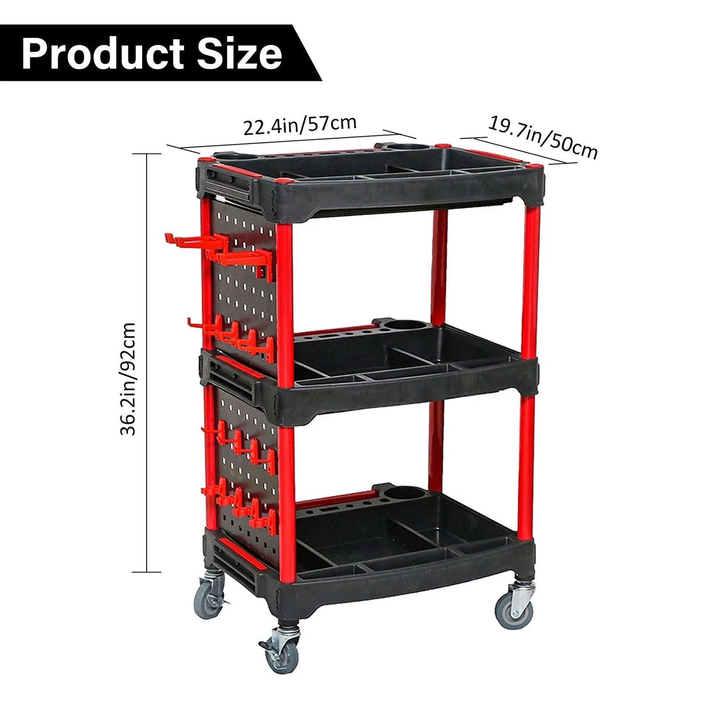 3-Shelf Car Wash Detailing Trolley, Black and Red, 57 X 50 X 92 Cm - Oliver Autosports