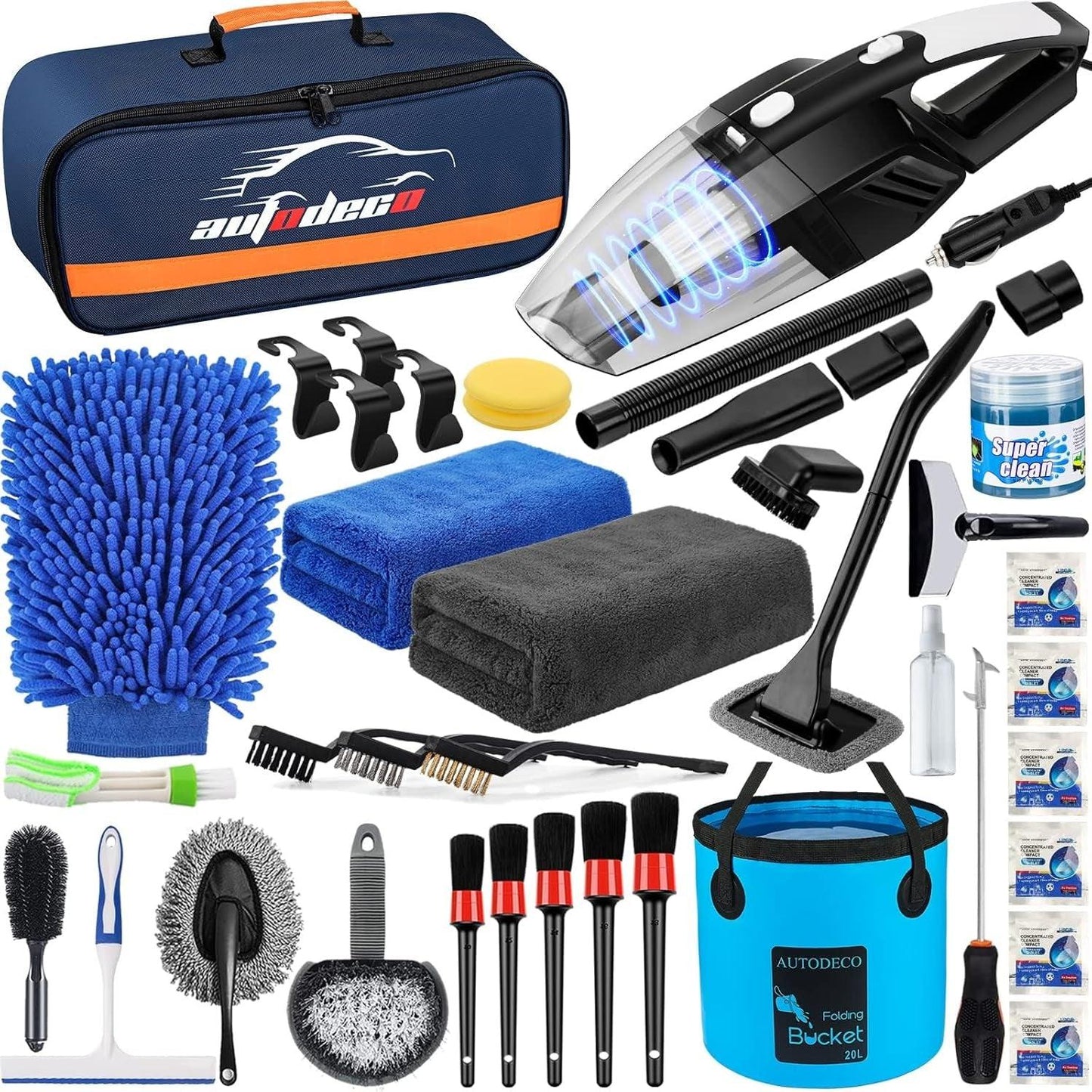 41Pcs Car Cleaning Wash Kit Interior Detailing Cleaner Kit with High Power Handheld Vacuum, Collapsible Bucket, Windshield Tool, Gel, Snow Shovel, Tire Brush, Complete Car Care Tools, Black - Oliver Autosports