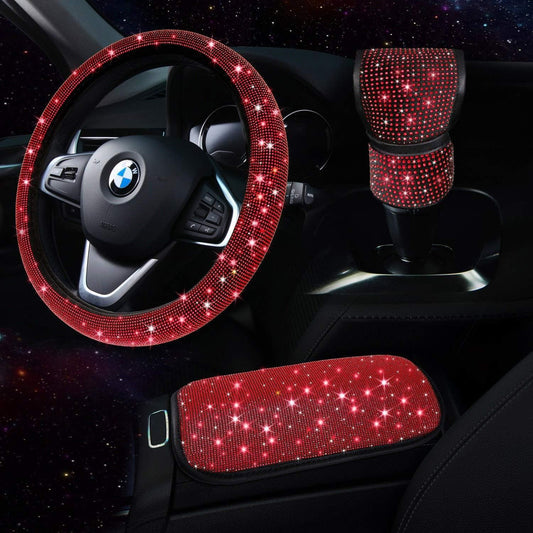 Red Bling Car Accessories Set for Women, Bling Steering Wheel Cover for Women Universal Fit 15 Inch, Rhinestone Center Console Cover, Bling Gear Shift Cover, Crystal Car Decor Set 3Pc - Oliver Autosports