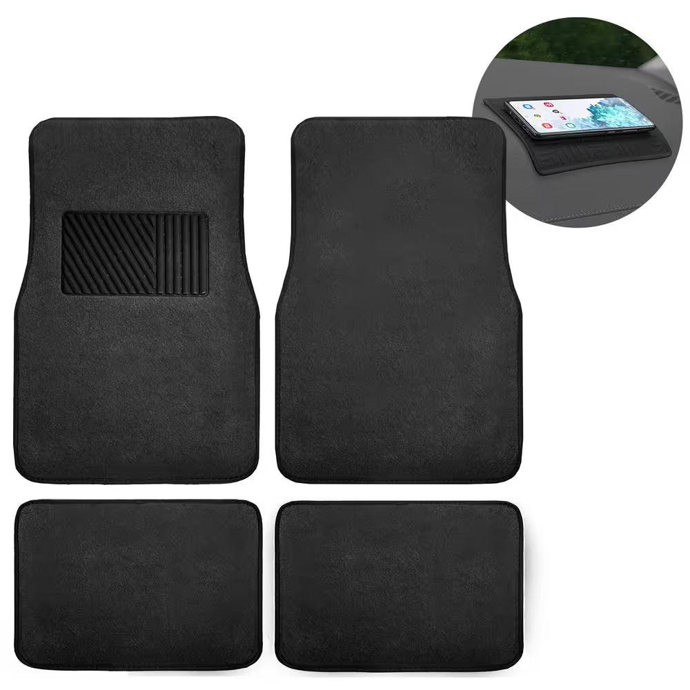 Non Slip Black with Striped Heel Pad 4 Pieces 28 In. X 18 In. Soft Carpet Car Floor Mats - Oliver Autosports