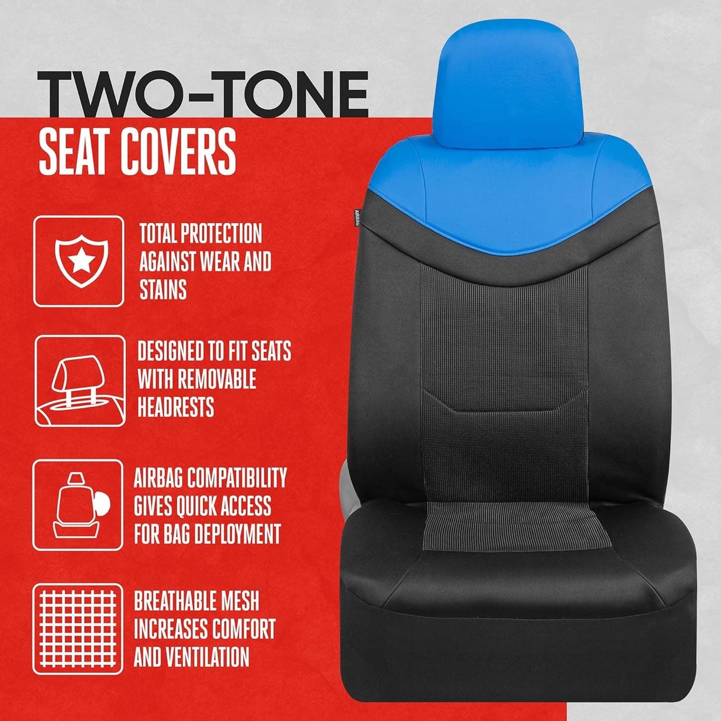 Premium Luxesport Blue Car Seat Covers for Front Seats, 2 Pack – Automotive Seat Protectors with Comfortable Mesh Back & Faux Leather Headrest, Interior Covers for Car Truck Van SUV - Oliver Autosports