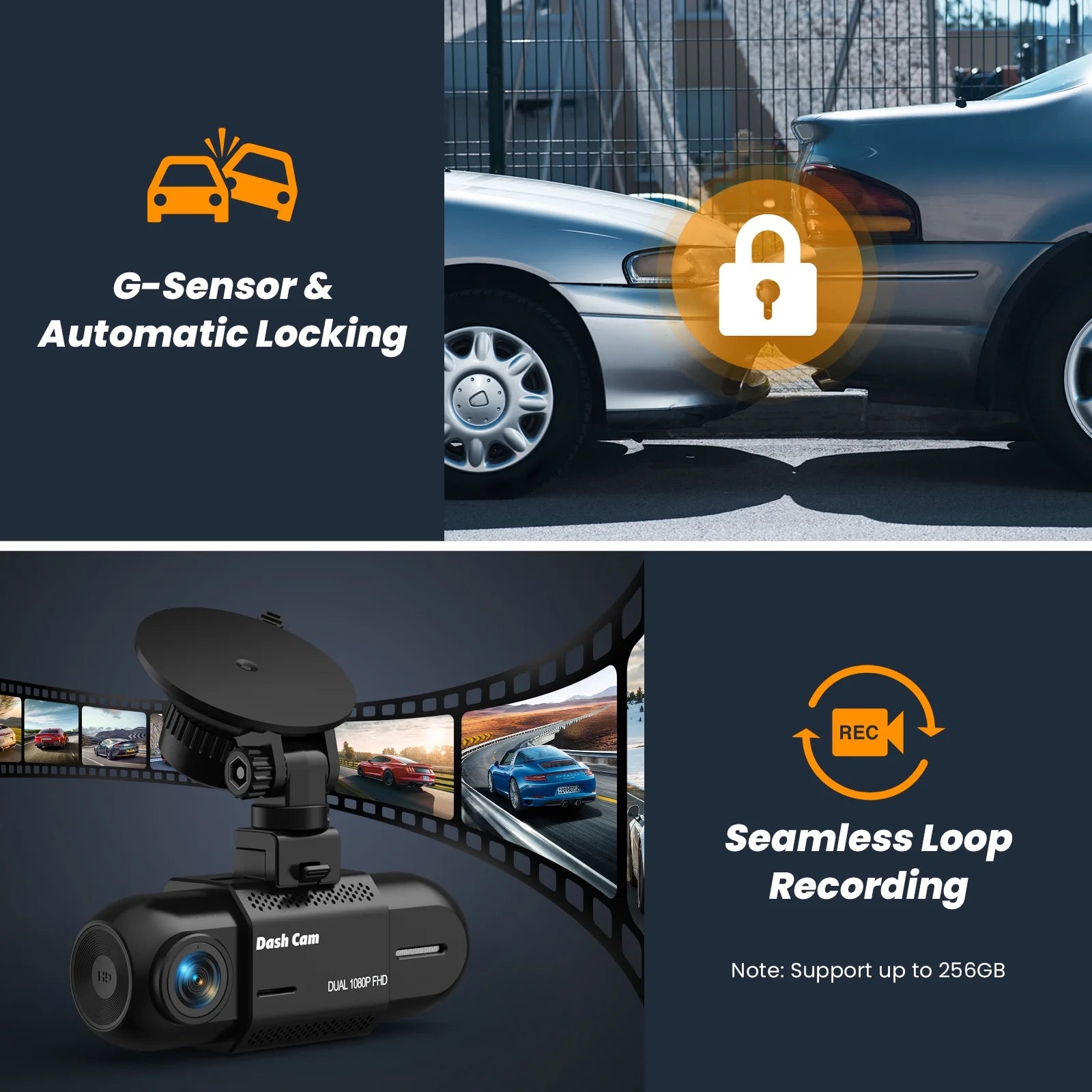 Dash Cam Front and Inside, 1080P FHD Car Camera with Rear IR Night Vision, Accident Lock, 24H Park Mode, G-Sensor, Included 32GB Card - Oliver Autosports