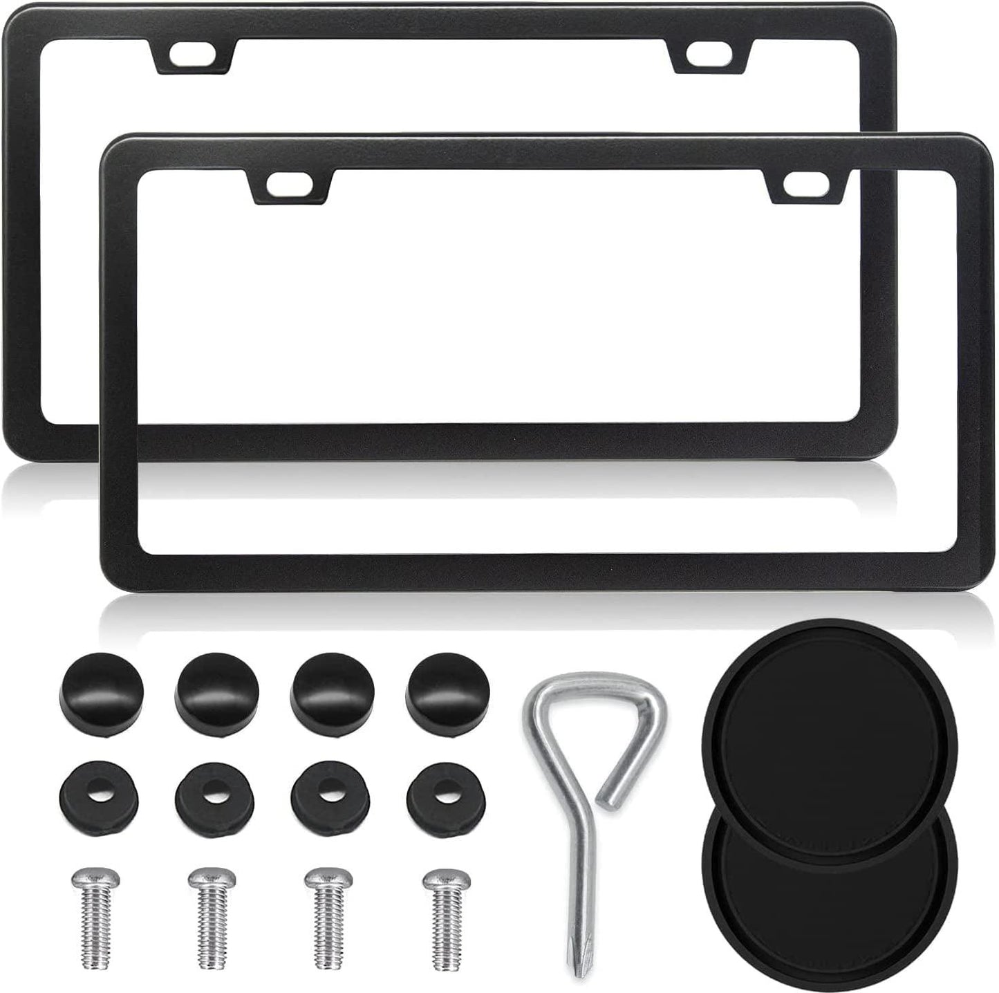 Black License Plate Frames, 2 Hole License Plate Frame, 2PCS Black License Plate Holders with Coasters, Universal Thin Stainless Steel Rust-Proof Car Plate Cover Included Screw Accessories - Oliver Autosports