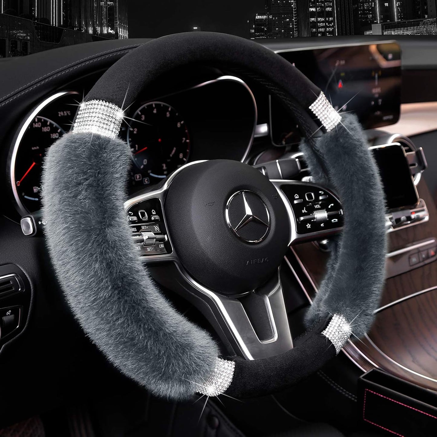 Rhinestone Fluffy Steering Wheel Cover - Comfortable Non-Slip Luxury Faux Wool, Universal Fit for 14.5" to 15" Steering Wheels - Oliver Autosports