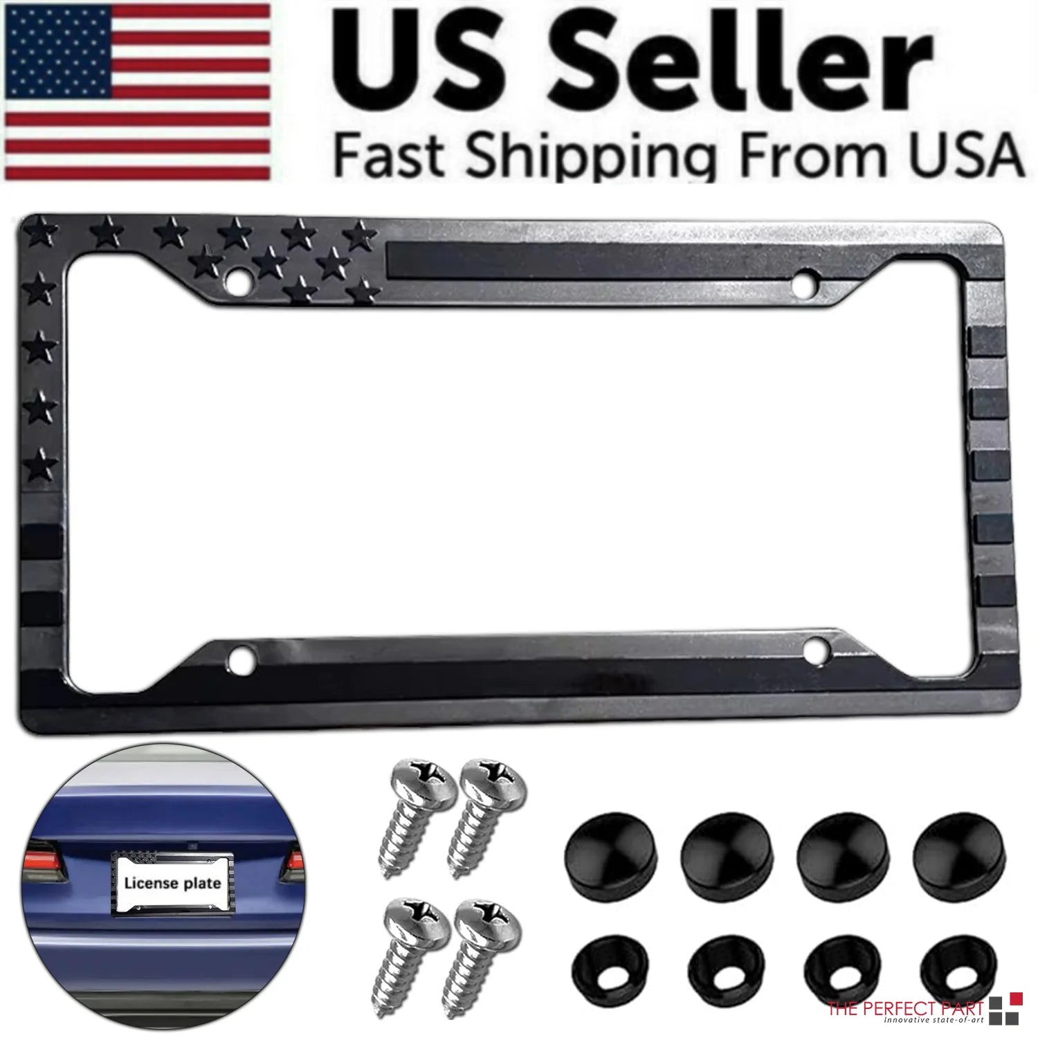 1X Black 3D USA American Flag License Plate Frame Holder Auto Car Tag Decal ABS - Oliver Autosports