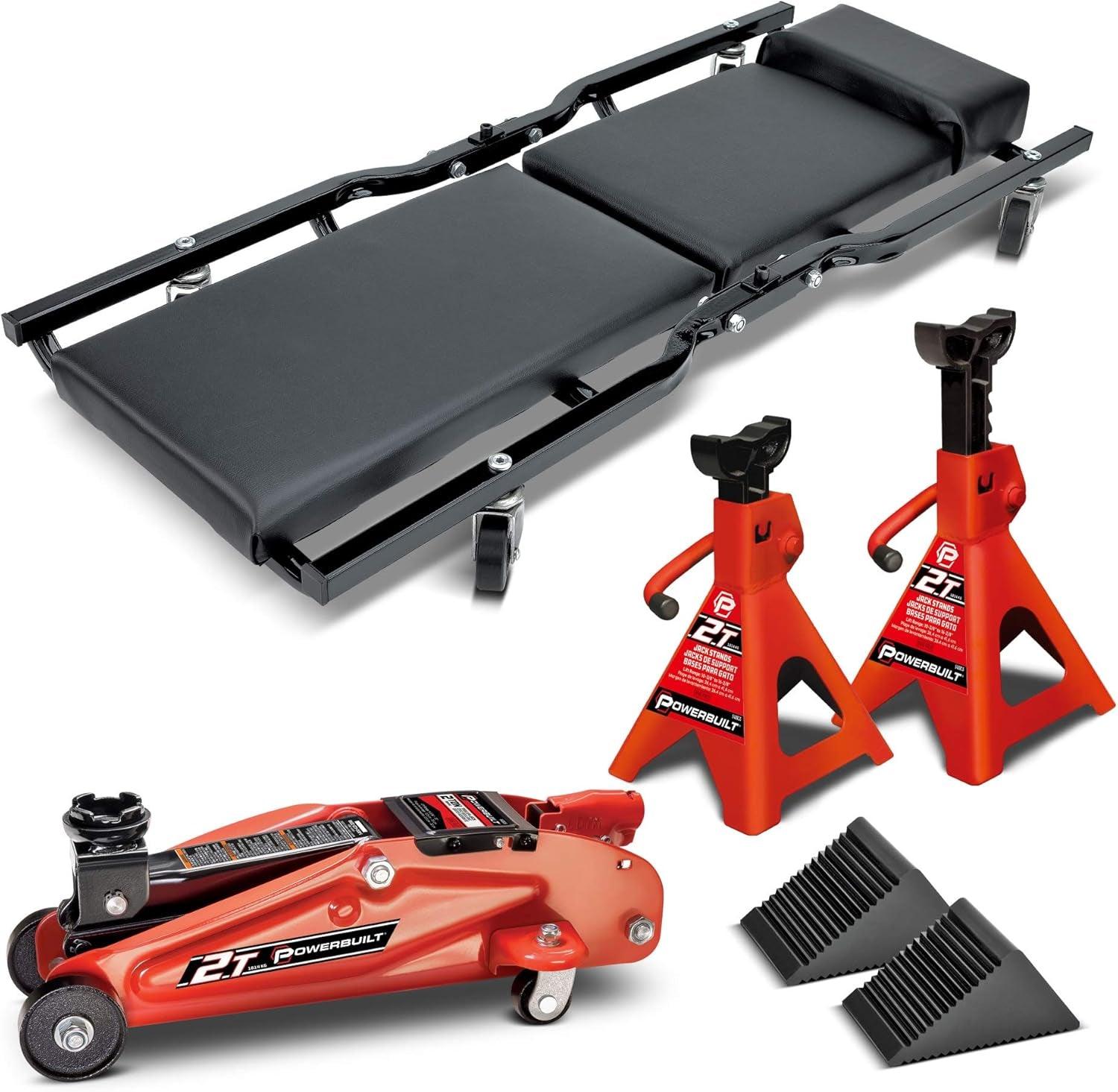 Powerbuilt 6 Piece Car Jack and Garage Creeper Service Set, 2 Ton Vehicle Lift, Jackstands, Folding Creeper, Wheel Chocks, Car Repair Garage Equipment - 640816, Large, Red - Oliver Autosports