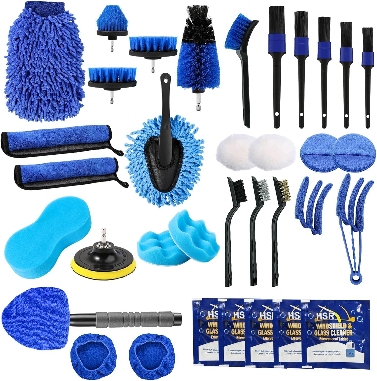 35PCS Car Detailing Brush Kit, Car Exterior Interior Cleaning Detail Brushes Set, House Bathroom Cleaner Tools (Wash Mitt, Towels and Sponge, Windshield Tool, Wheels, Leather, Air Vents), Blue - Oliver Autosports