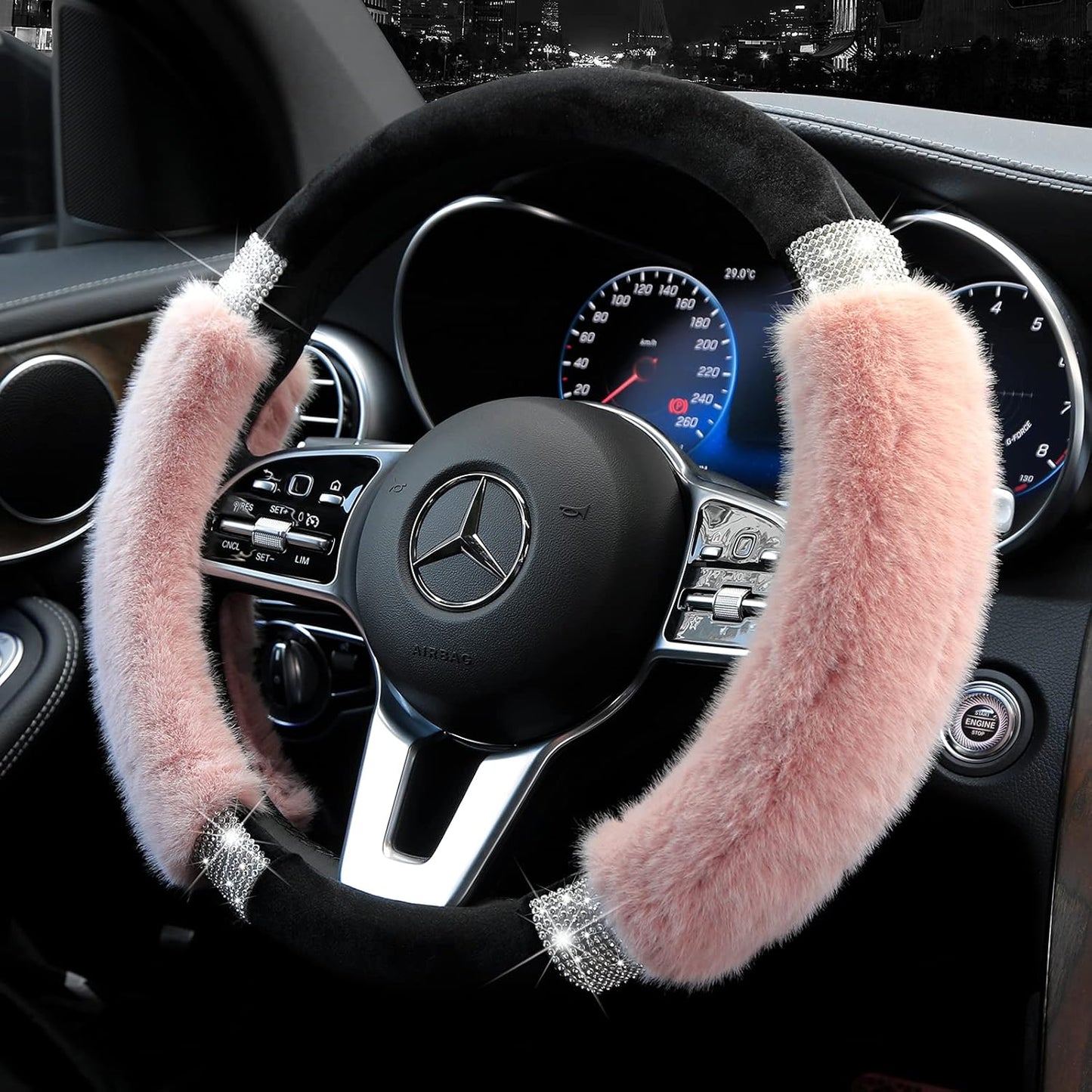 Rhinestone Fluffy Steering Wheel Cover - Comfortable Non-Slip Luxury Faux Wool, Universal Fit for 14.5" to 15" Steering Wheels - Oliver Autosports