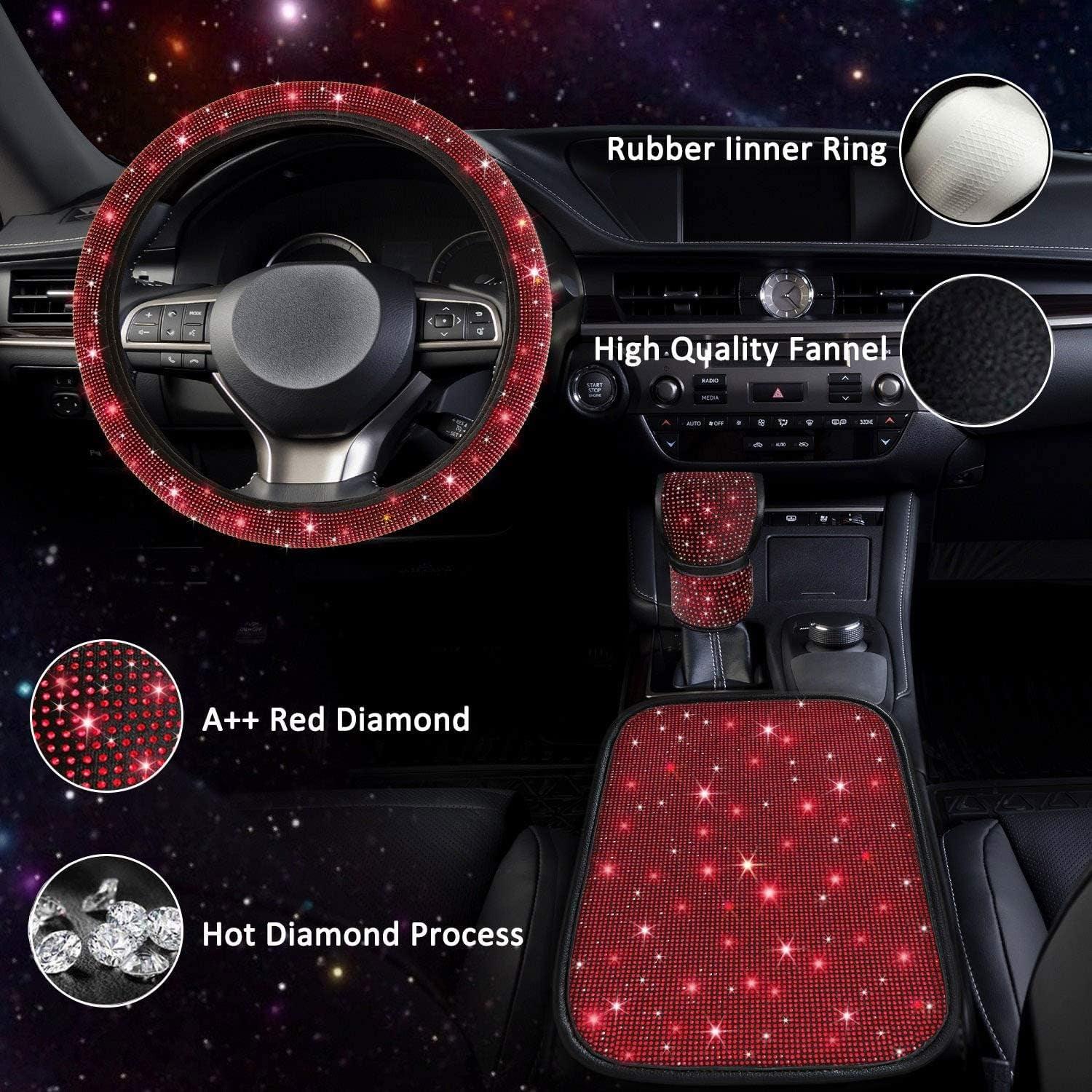 Red Bling Car Accessories Set for Women, Bling Steering Wheel Cover for Women Universal Fit 15 Inch, Rhinestone Center Console Cover, Bling Gear Shift Cover, Crystal Car Decor Set 3Pc - Oliver Autosports