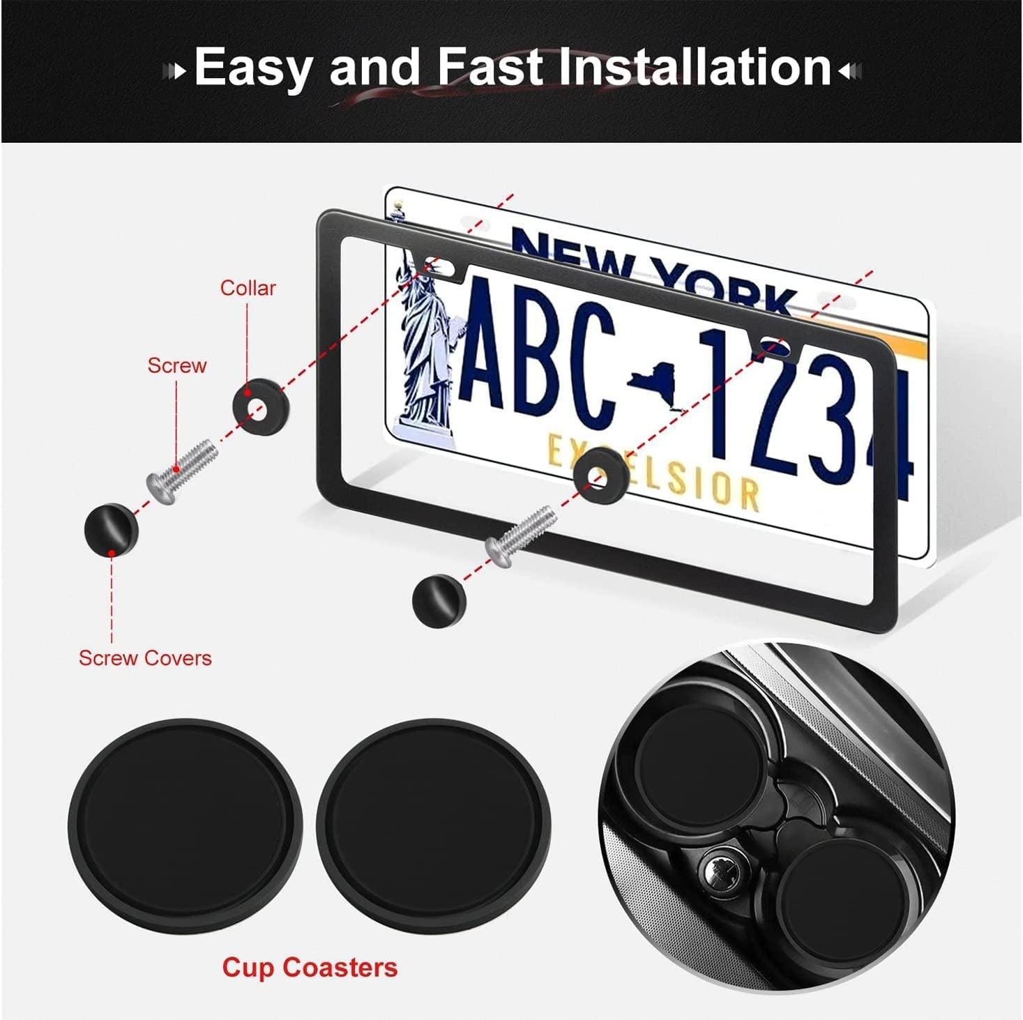 Black License Plate Frames, 2 Hole License Plate Frame, 2PCS Black License Plate Holders with Coasters, Universal Thin Stainless Steel Rust-Proof Car Plate Cover Included Screw Accessories - Oliver Autosports