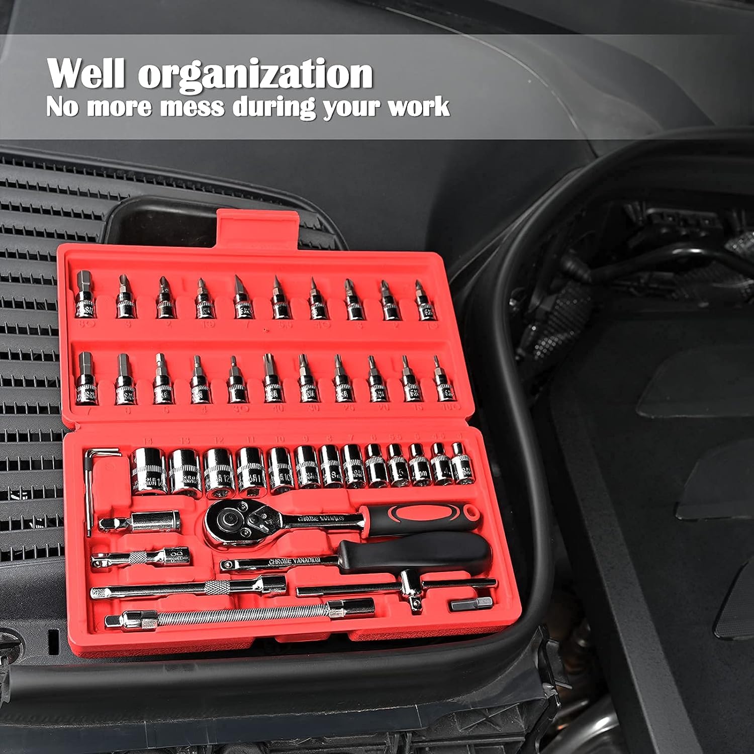46 Pieces 1/4 Inch Drive Socket Ratchet Wrench Set, with Bit Socket Set Metric and Extension Bar for Auto Repairing and Household, with Storage Case