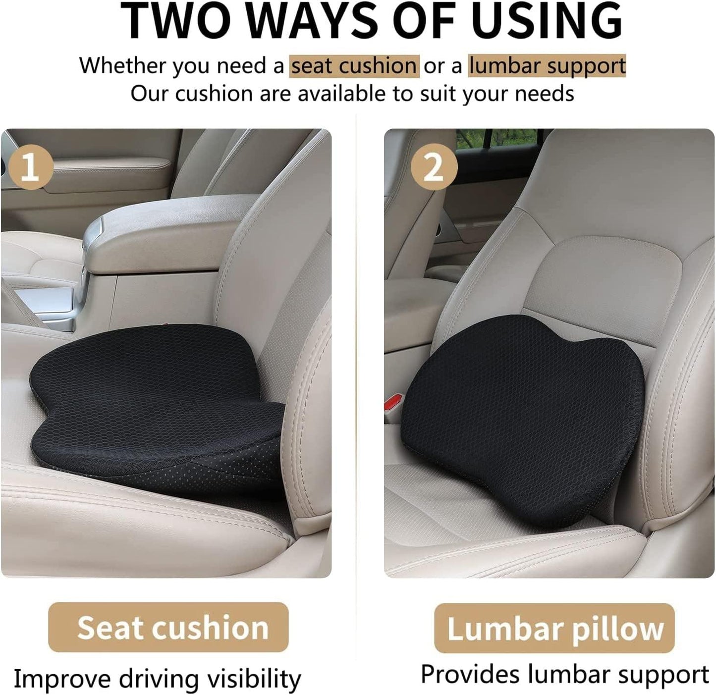 Car Seat Cushion - Memory Foam Car Seat Pad - Sciatica & Lower Back Pain Relief - Car Seat Cushions for Driving - Road Trip Essentials for Drivers(Black) - Oliver Autosports