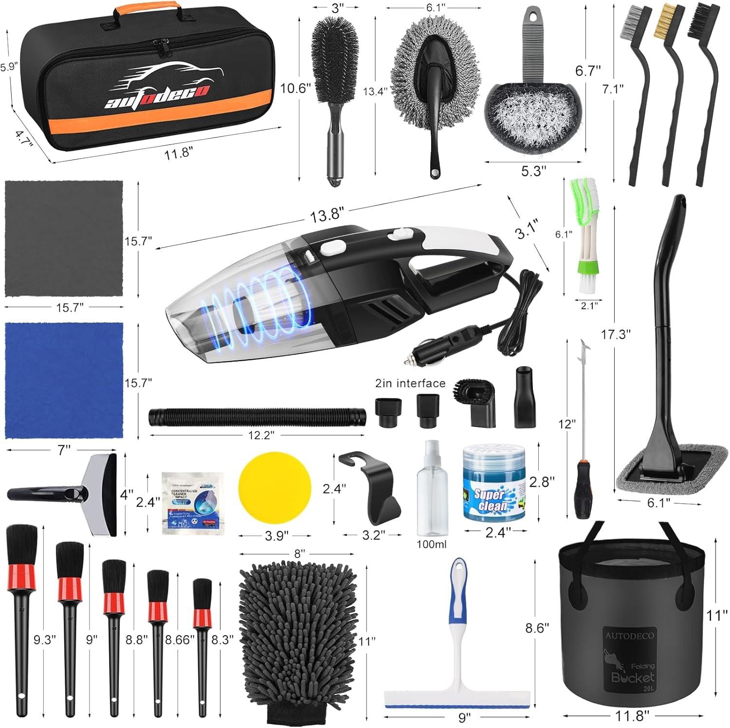 41Pcs Car Cleaning Wash Kit Interior Detailing Cleaner Kit with High Power Handheld Vacuum, Collapsible Bucket, Windshield Tool, Gel, Snow Shovel, Tire Brush, Complete Car Care Tools, Black - Oliver Autosports