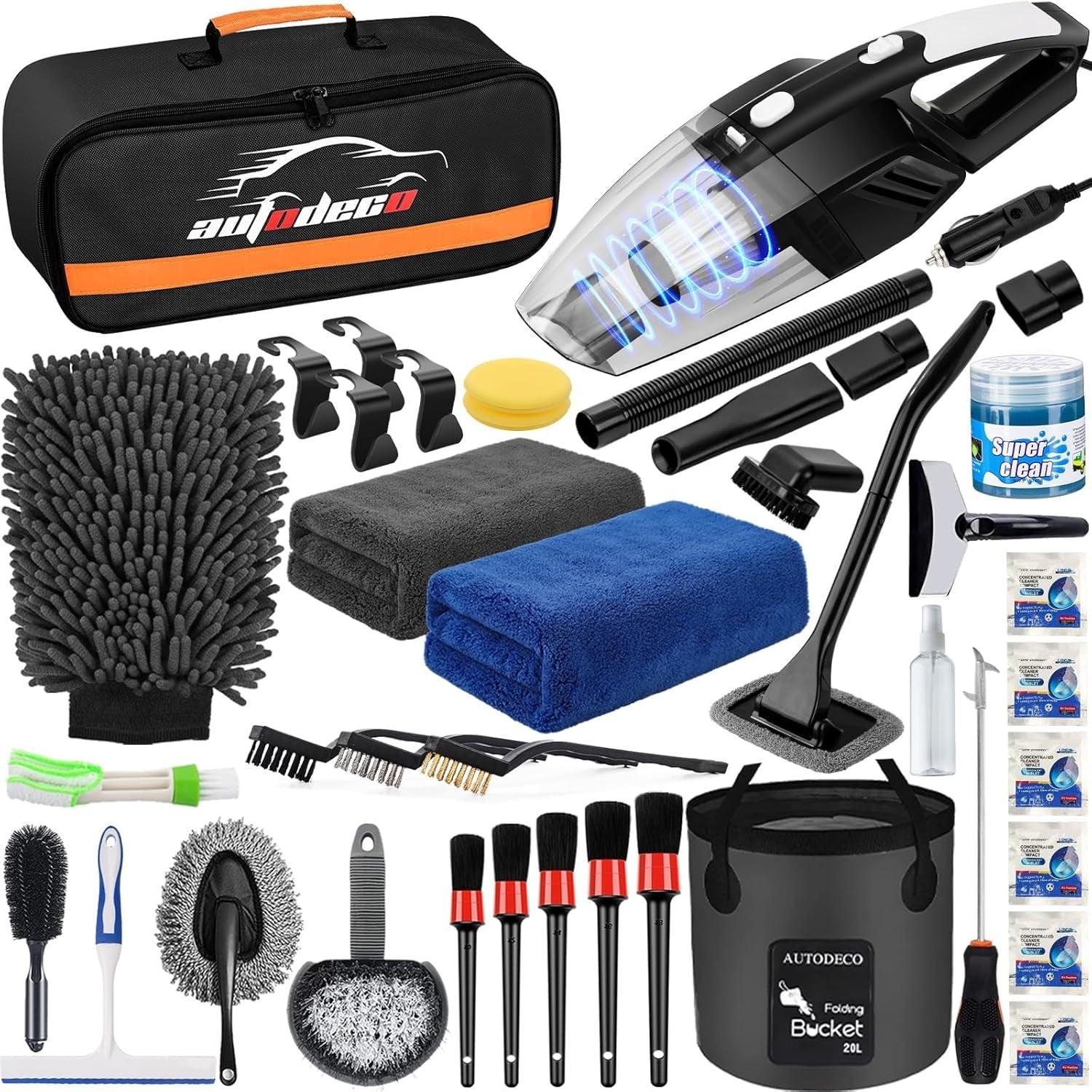 41Pcs Car Cleaning Wash Kit Interior Detailing Cleaner Kit with High Power Handheld Vacuum, Collapsible Bucket, Windshield Tool, Gel, Snow Shovel, Tire Brush, Complete Car Care Tools, Black - Oliver Autosports