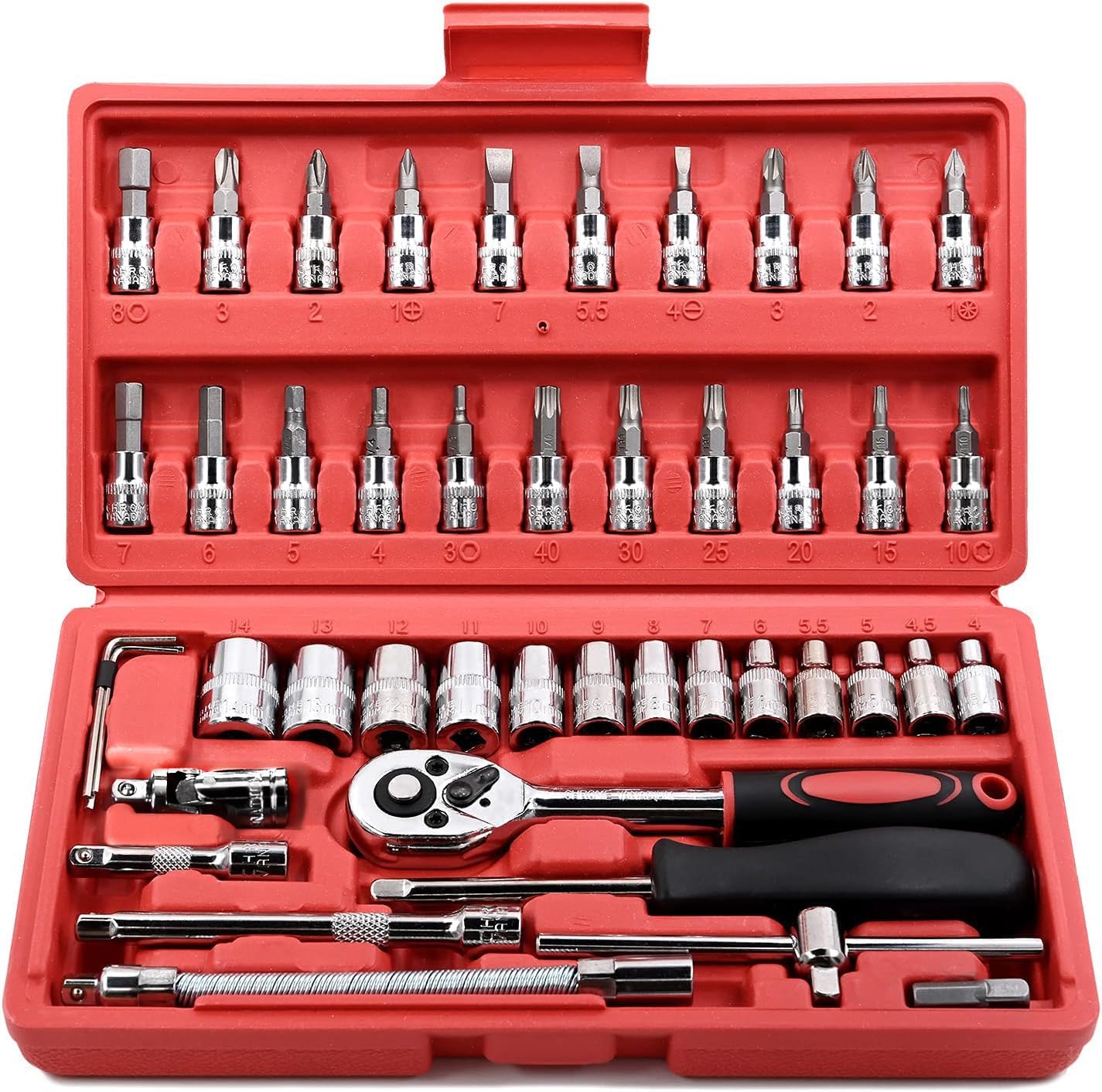 46 Pieces 1/4 Inch Drive Socket Ratchet Wrench Set, with Bit Socket Set Metric and Extension Bar for Auto Repairing and Household, with Storage Case