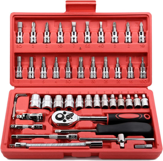 46 Pieces 1/4 Inch Drive Socket Ratchet Wrench Set, with Bit Socket Set Metric and Extension Bar for Auto Repairing and Household, with Storage Case