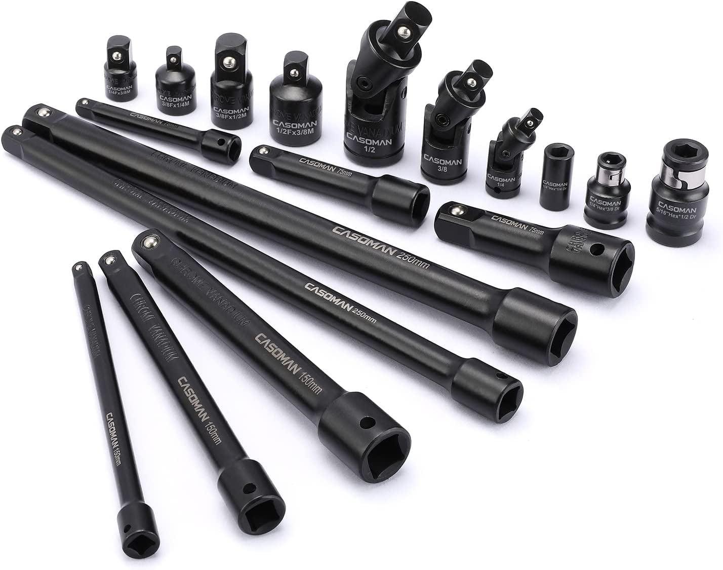 18-Piece Drive Tool Accessory Set, Premium CR-V Steel with Black Phosphate Finish, Includes Socket Adapters, Extensions and Universal Joints and Impact Coupler, Professional Socket Accessories - Oliver Autosports