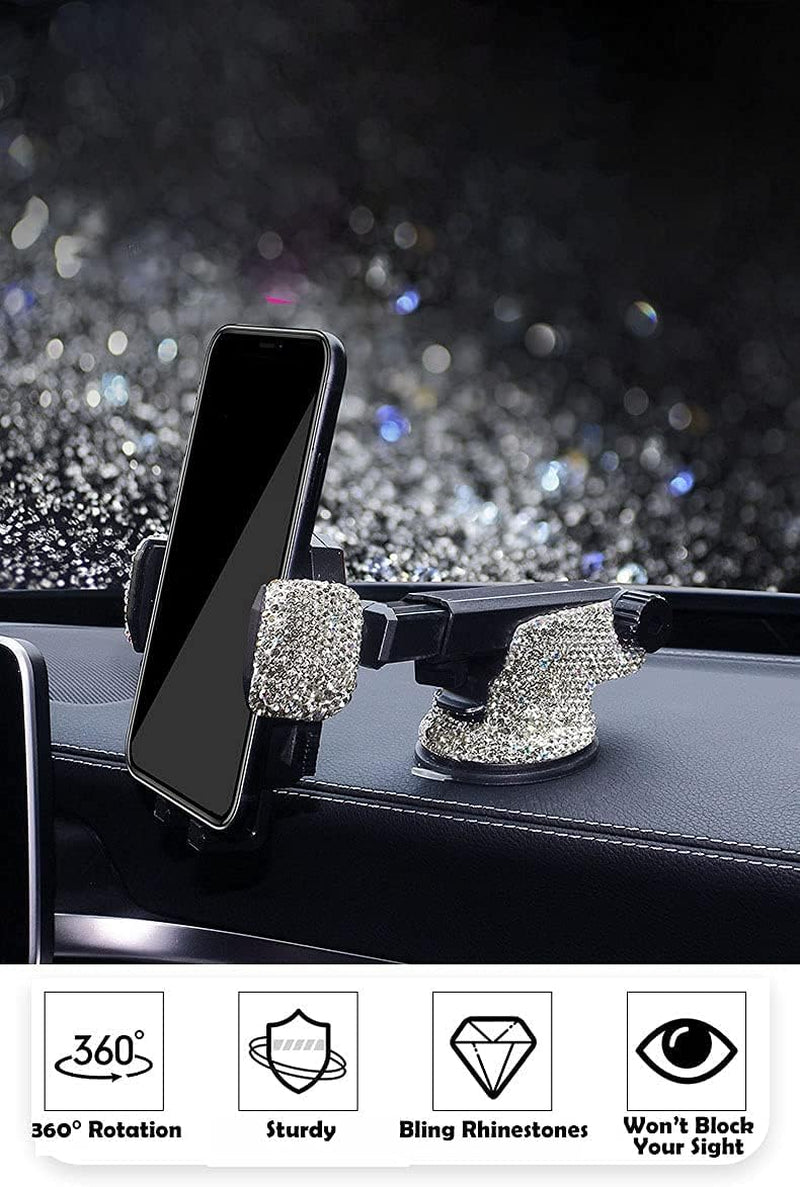 Bling Car Phone Mount Holder,Shiny Crystal Rhinestone Phone Stand for Women and Girls, Car Accessories for Windshield Dashboard,Compatible with Most Cellphones (White) - Oliver Autosports