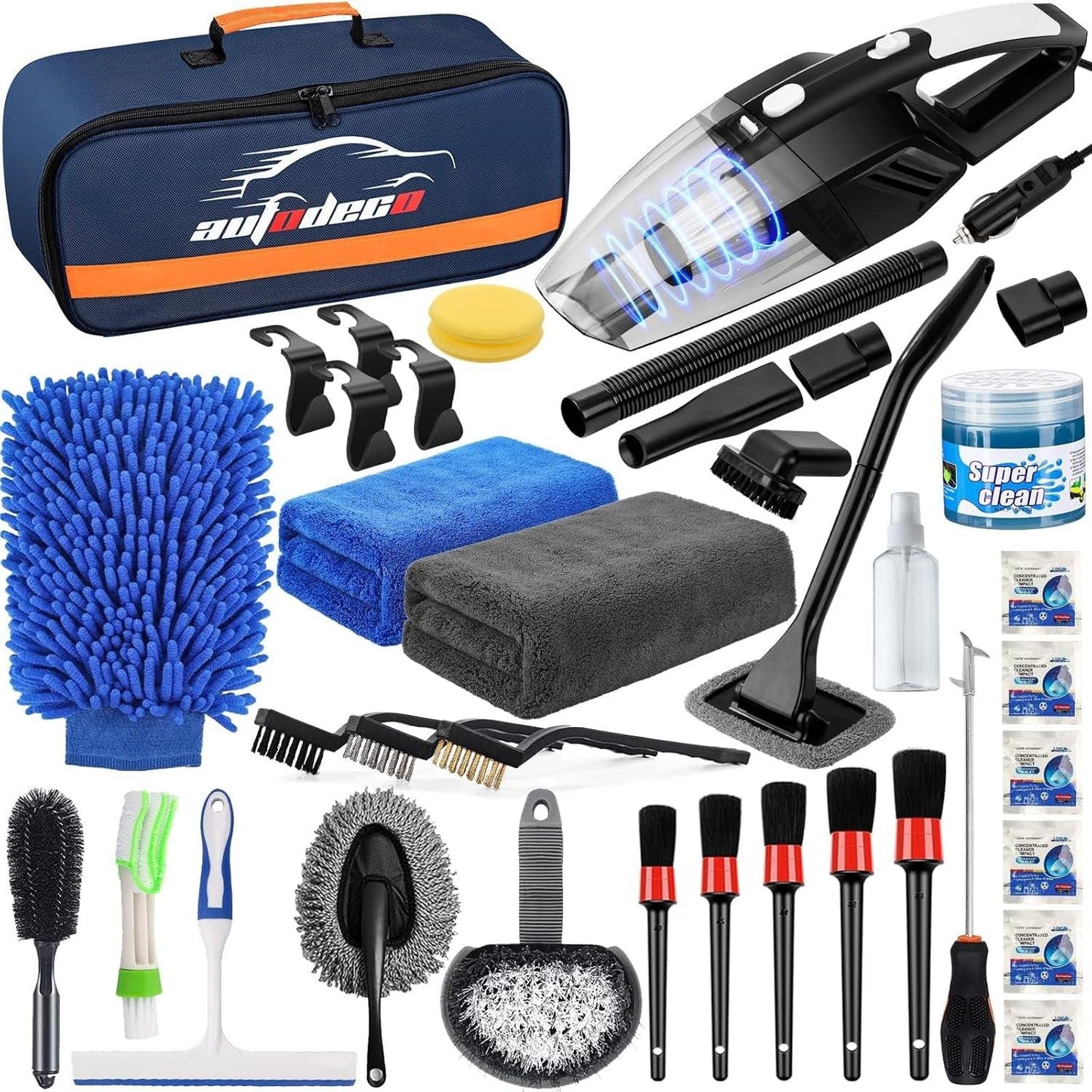 41Pcs Car Cleaning Wash Kit Interior Detailing Cleaner Kit with High Power Handheld Vacuum, Collapsible Bucket, Windshield Tool, Gel, Snow Shovel, Tire Brush, Complete Car Care Tools, Black - Oliver Autosports