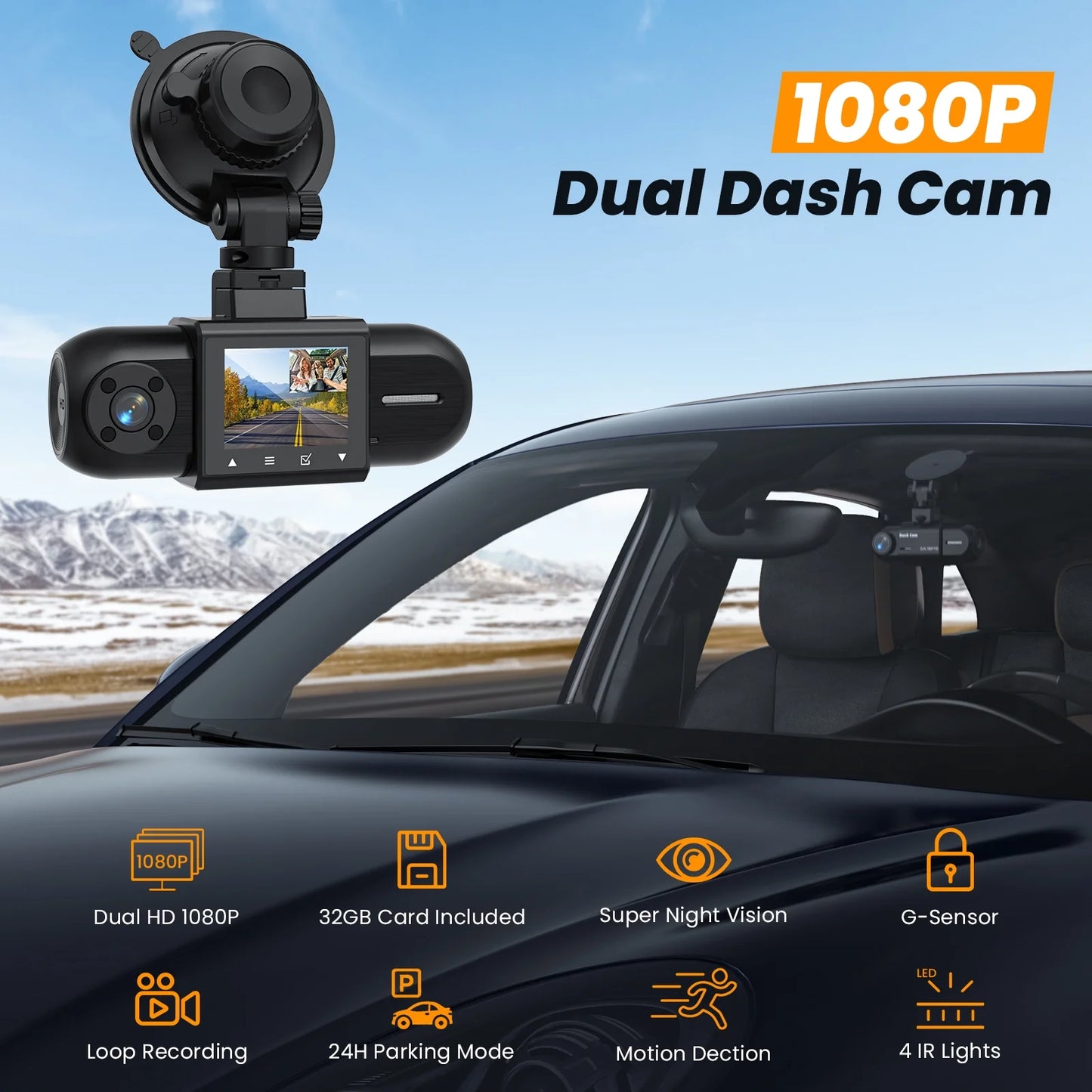 Dash Cam Front and Inside, 1080P FHD Car Camera with Rear IR Night Vision, Accident Lock, 24H Park Mode, G-Sensor, Included 32GB Card - Oliver Autosports