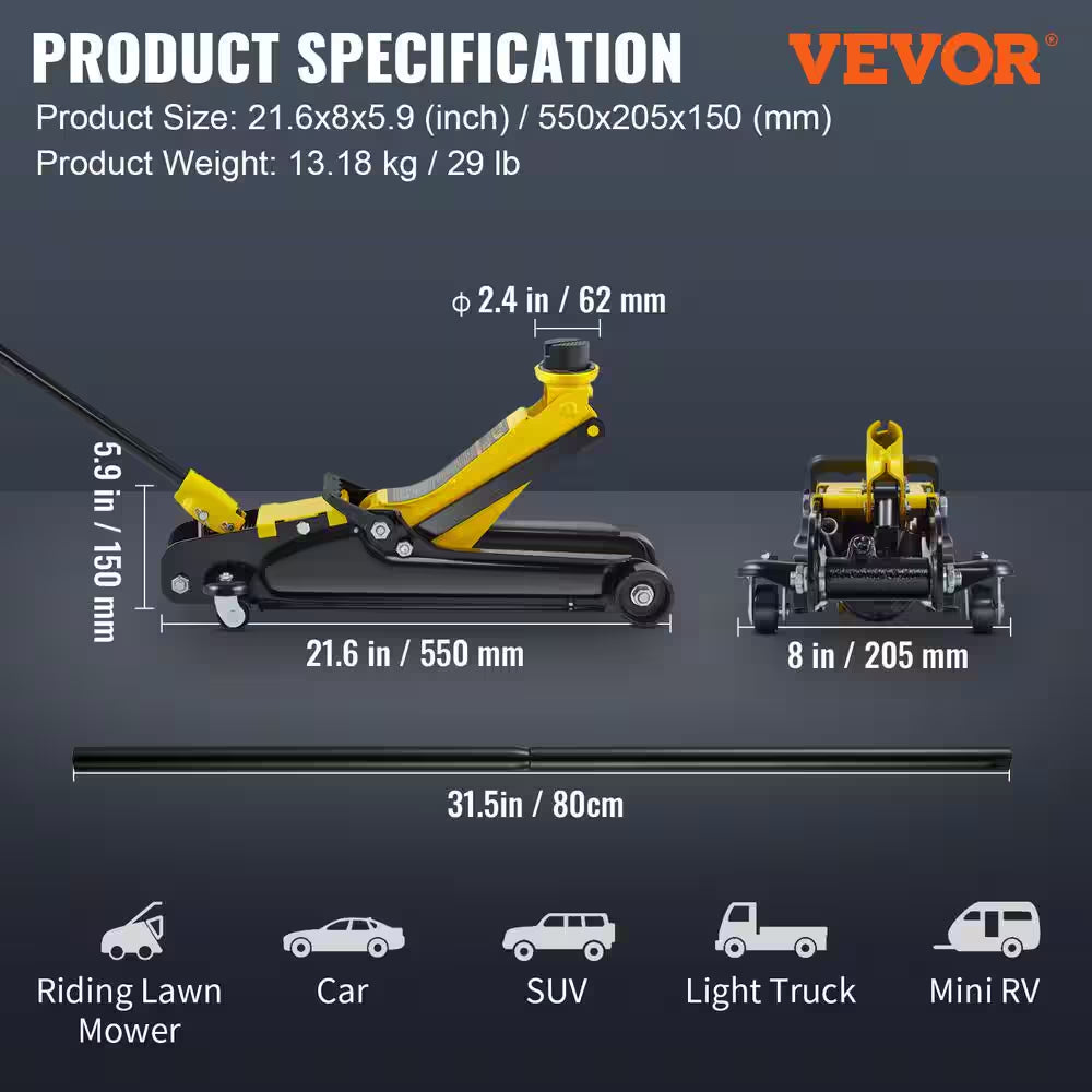 Low Profile Floor Jack 2.5 Ton Heavy Steel Single Piston Hydraulic Pump Heavy-Strength Steel Construction - Oliver Autosports