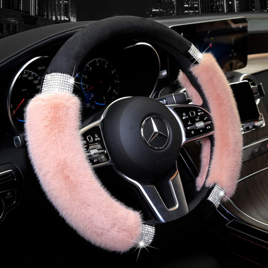 Rhinestone Fluffy Steering Wheel Cover - Comfortable Non-Slip Luxury Faux Wool, Universal Fit for 14.5" to 15" Steering Wheels - Oliver Autosports