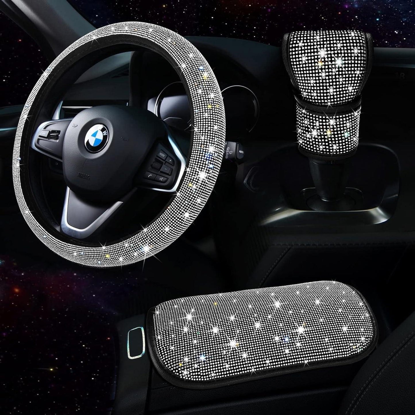 Red Bling Car Accessories Set for Women, Bling Steering Wheel Cover for Women Universal Fit 15 Inch, Rhinestone Center Console Cover, Bling Gear Shift Cover, Crystal Car Decor Set 3Pc - Oliver Autosports