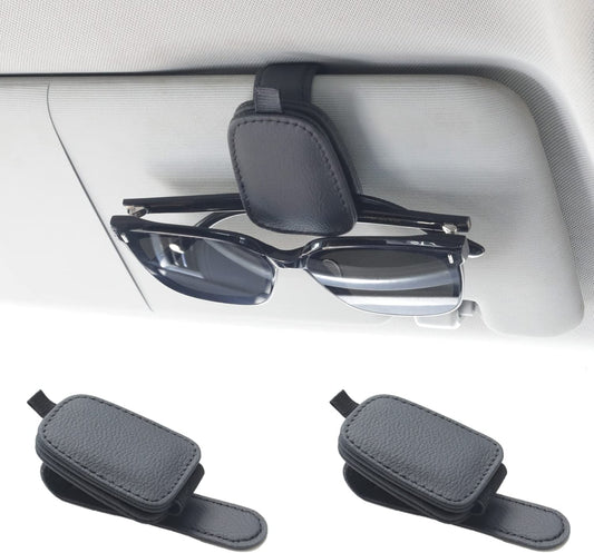 2 Packs Sunglasses Holders for Car Visor - Magnetic Leather Sunglasses Holder and Ticket Card Clip - Car Visor Accessories (Black) - Oliver Autosports