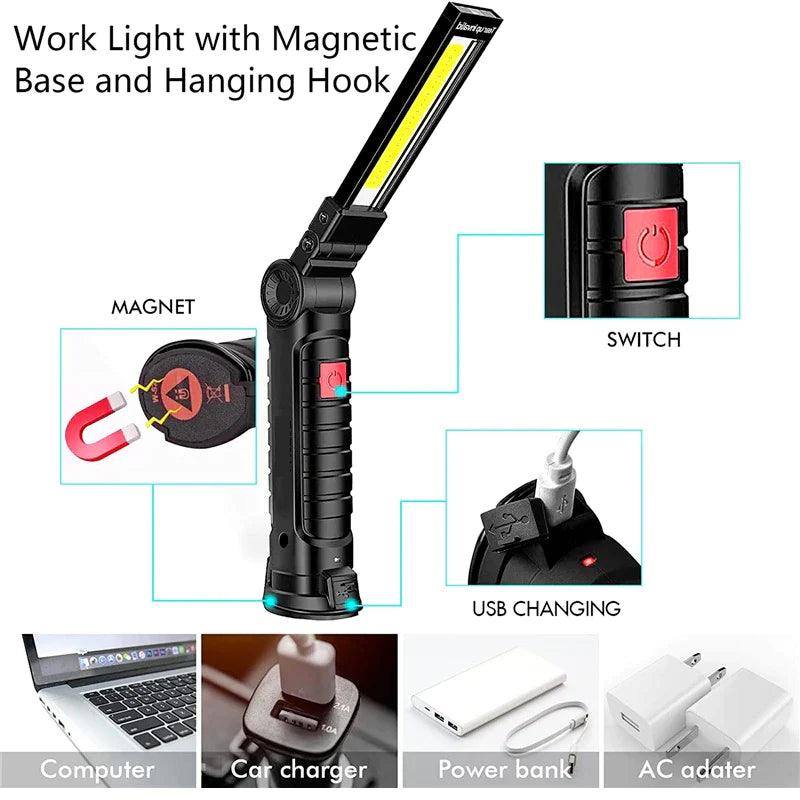 Rechargeable LED COB Work Light Mechanic Flashlight Lamp Magnetic Base Bright - Oliver Autosports