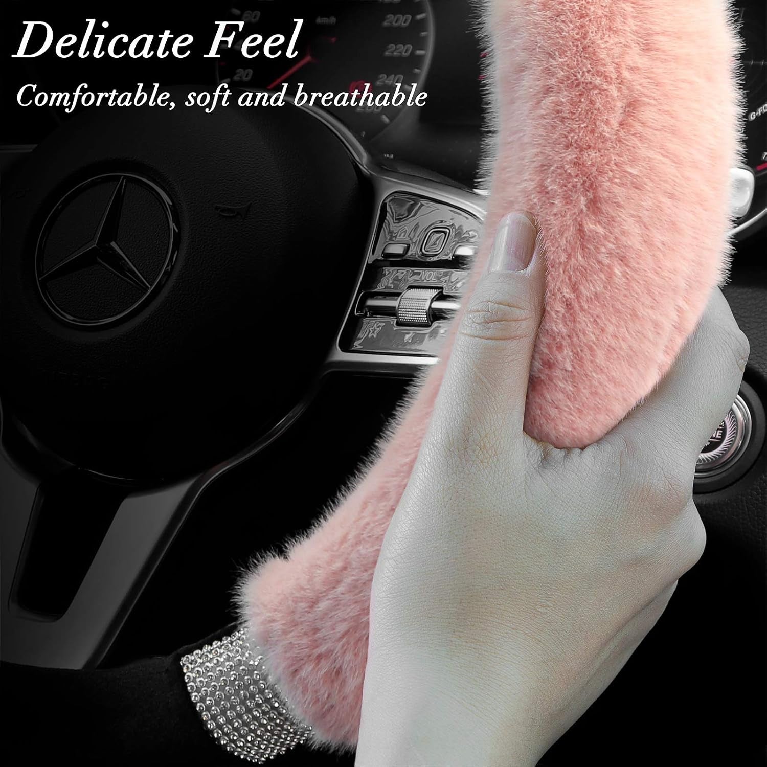 Rhinestone Fluffy Steering Wheel Cover - Comfortable Non-Slip Luxury Faux Wool, Universal Fit for 14.5" to 15" Steering Wheels - Oliver Autosports