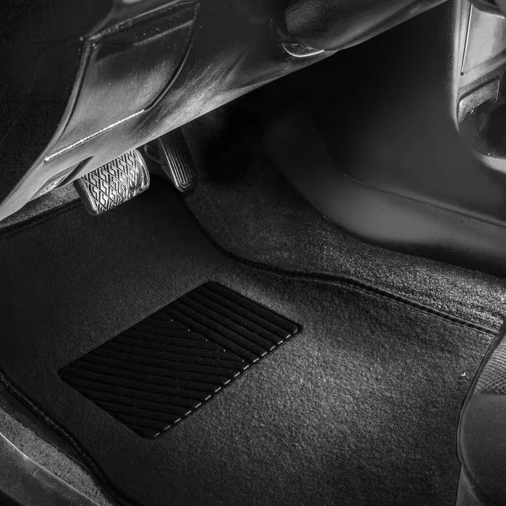 Non Slip Black with Striped Heel Pad 4 Pieces 28 In. X 18 In. Soft Carpet Car Floor Mats - Oliver Autosports