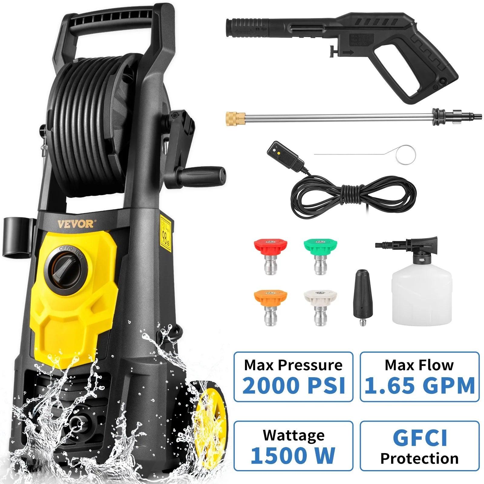 VEVOR Electric Pressure Washer, 2000 PSI, Max 1.65 GPM Power Washer W/ 30 Ft Hose & Reel, 5 Quick Connect Nozzles, Foam Cannon, Portable to Clean Patios, Cars, Fences, Driveways, ETL Listed - Oliver Autosports