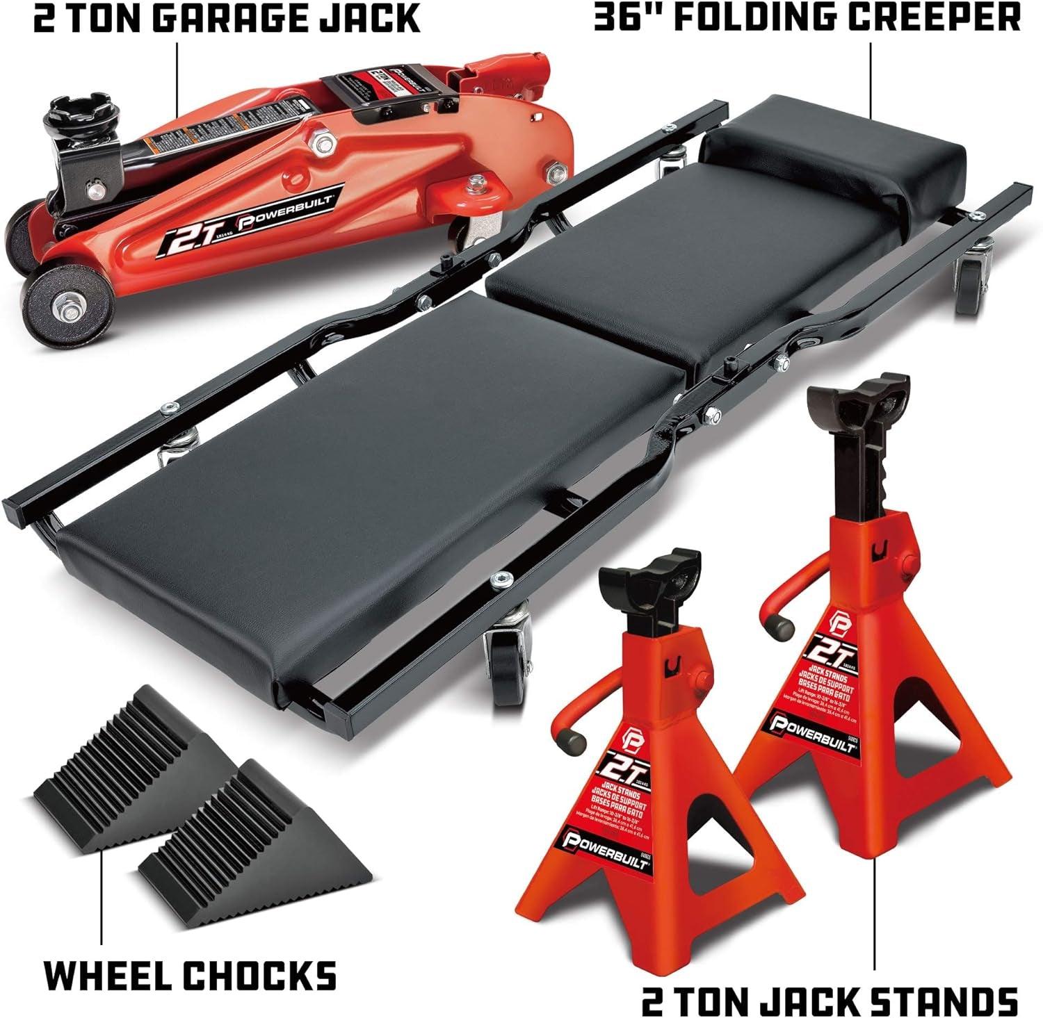 Powerbuilt 6 Piece Car Jack and Garage Creeper Service Set, 2 Ton Vehicle Lift, Jackstands, Folding Creeper, Wheel Chocks, Car Repair Garage Equipment - 640816, Large, Red - Oliver Autosports