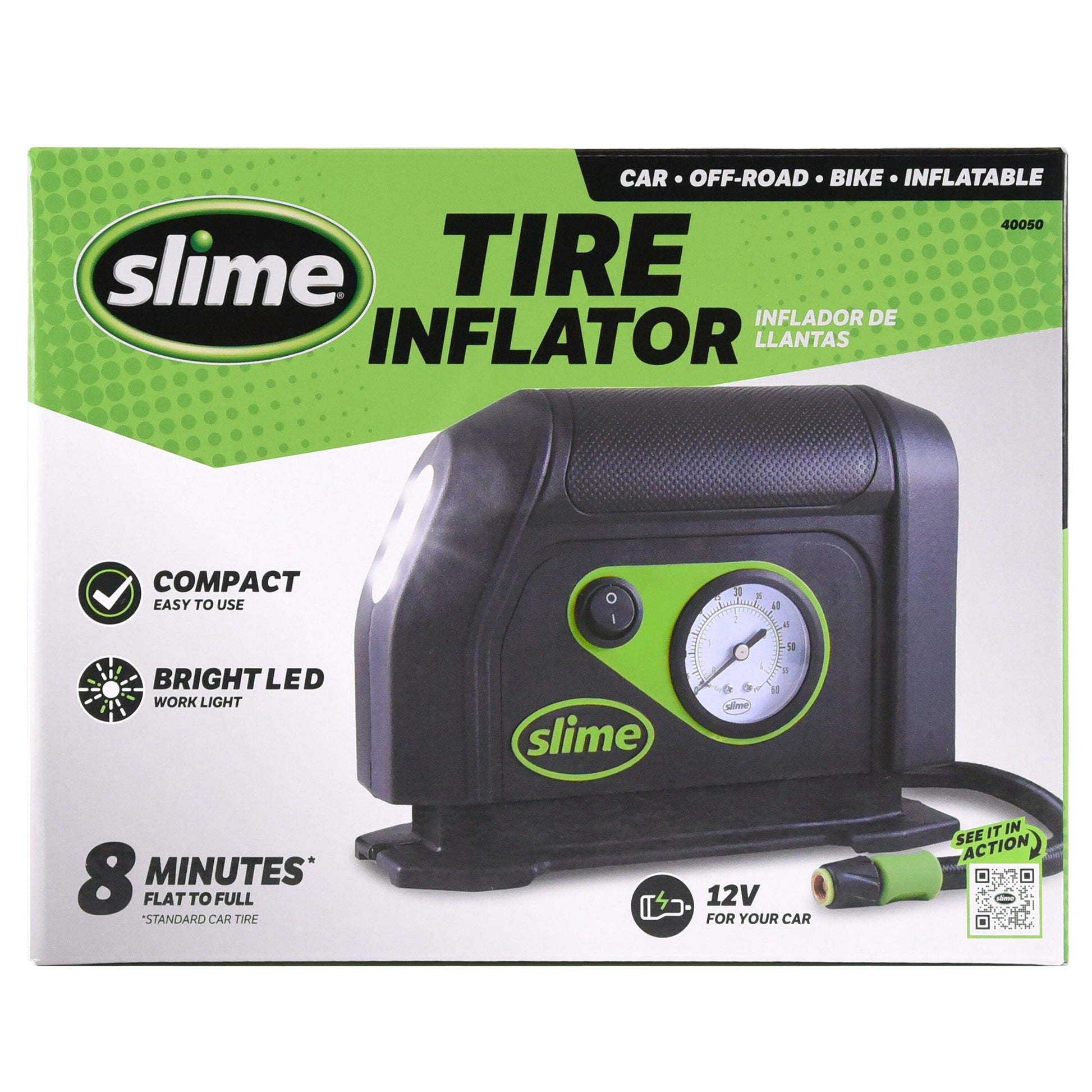 Tire Inflator, Air Compressor, with Analog 100 Psi Max, Long Hose and LED Light, 12V, 8 Min Inflation, New, Multiple Makes - 40050W - Oliver Autosports