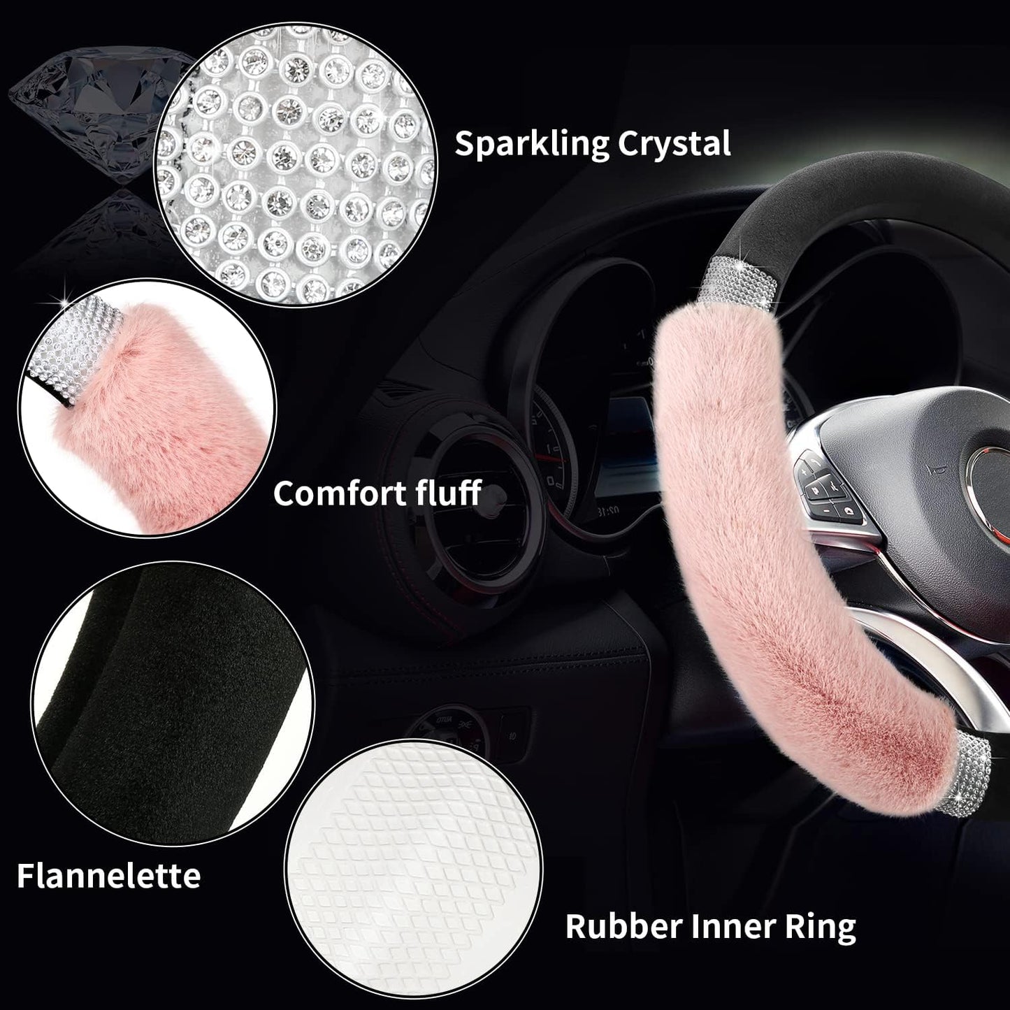 Rhinestone Fluffy Steering Wheel Cover - Comfortable Non-Slip Luxury Faux Wool, Universal Fit for 14.5" to 15" Steering Wheels - Oliver Autosports