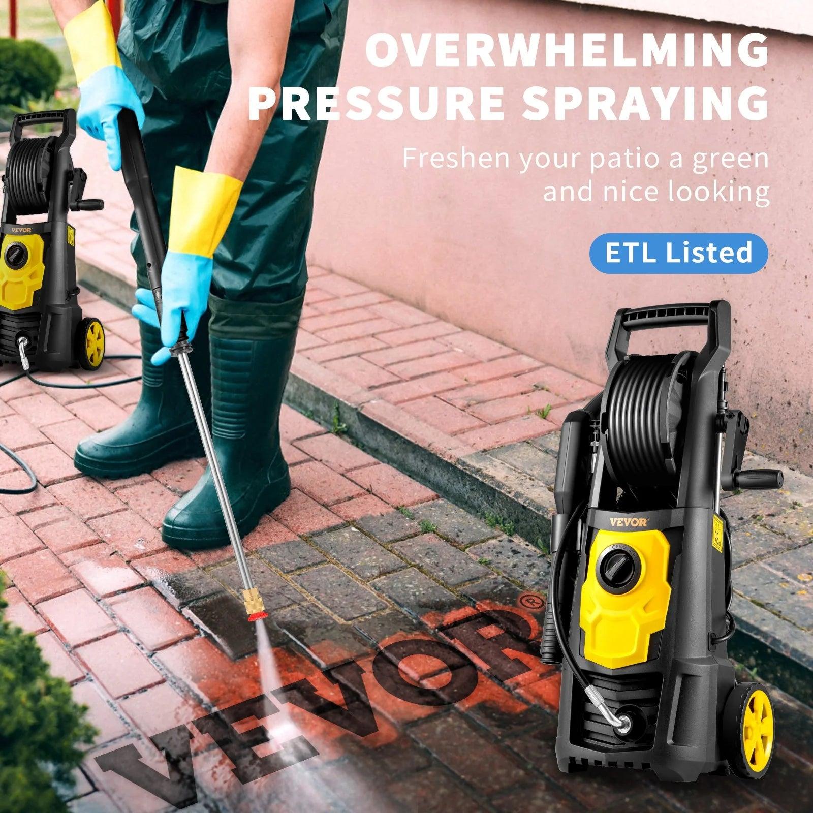 VEVOR Electric Pressure Washer, 2000 PSI, Max 1.65 GPM Power Washer W/ 30 Ft Hose & Reel, 5 Quick Connect Nozzles, Foam Cannon, Portable to Clean Patios, Cars, Fences, Driveways, ETL Listed - Oliver Autosports